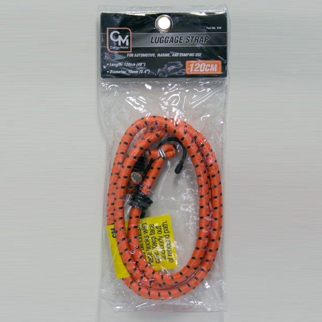 Image of a packaged luggage strap. The strap is an elastic, patterned cord in bright orange with black dots, measuring 120 cm long and 10 mm in diameter. The packaging displays the brand "Cargo Mate" along with the text "Cargo Mate Occy Strap - 120cm for Automotive, Marine, and Camping Use.