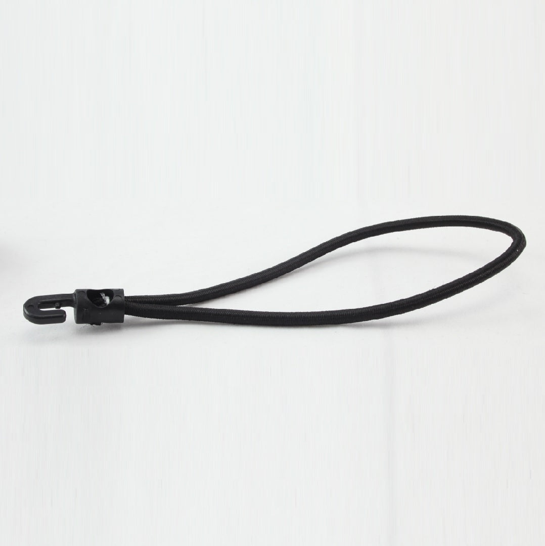 A black UV-stabilized bungee strap from the Cargo Mate Elastic Rope With Hook - 10pk collection is showcased against a plain white background. This versatile elastic shock cord from Cargo Mate features a hook on one end and a plastic clasp near the middle, forming a loop that can be efficiently used for securing items or integrating into cargo nets.