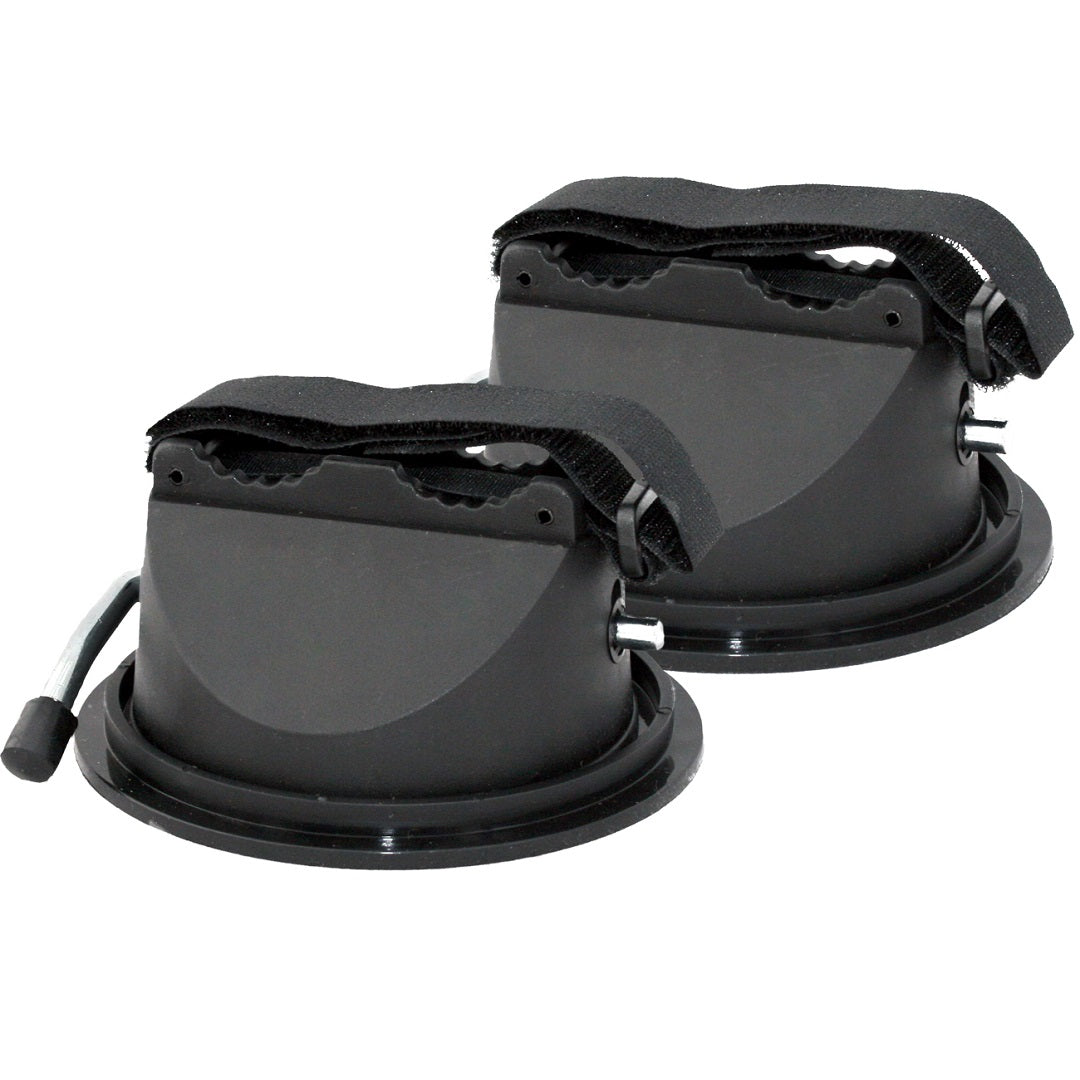 Introducing the Cargo Mate Fishing Rod Holders - 2pk by Cargo Mate: These black suction cup holders come equipped with adjustable straps and levers, perfect for lifting or securing items. The suction cups, displayed side by side, reveal their flat surfaces and robust cylindrical bodies—making them ideal for versatile fishing rod holders for all your gear.