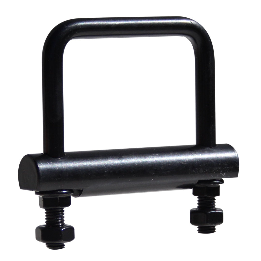 The Cargo Mate Tow Hitch Clamp by Cargo Mate is a black U-bolt clamp with a handle, featuring two threaded ends each secured by nuts. The cylindrical base of the bolt provides reinforcement and stability, making it an ideal component for towing systems.