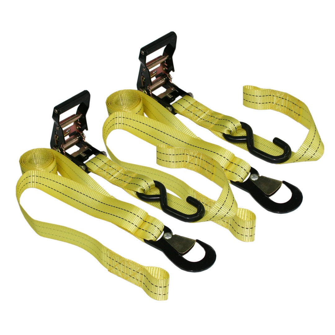 Three Cargo Mate Heavy Duty Motorcycle Tie Downs – 38mm x 2m, with black S-hooks at both ends, are coiled and laid out in parallel. Made of heavy-duty webbing, they feature dark horizontal lines along their length and each includes a metal ratcheting mechanism for tightening and securing motorbikes.