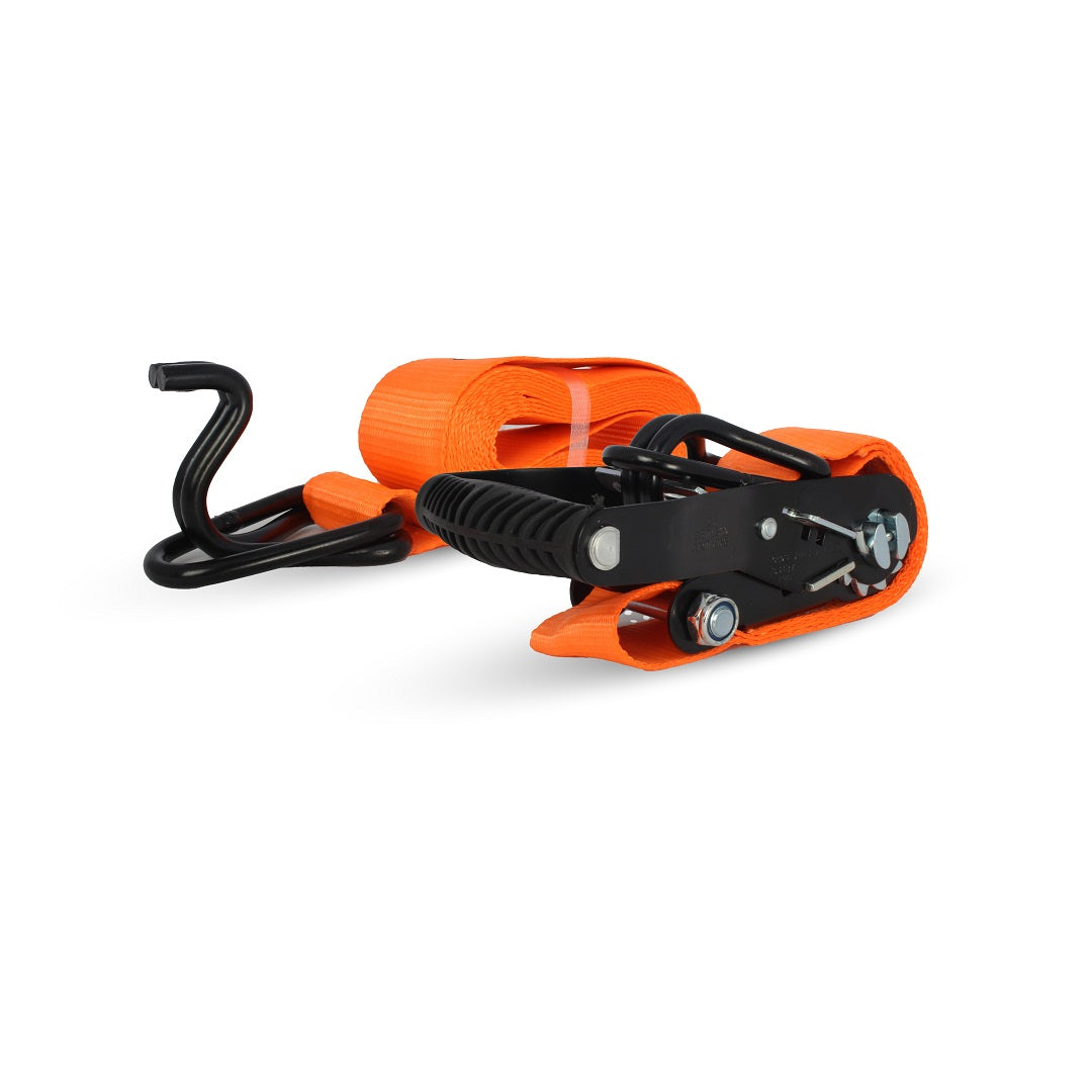 The Cargo Mate Heavy Duty Ratchet Tie Down - 50mm x 4.5m features an orange webbing strap with black steel hooks and a metal automatic locking ratchet buckle. The durable, heavy-duty strap is coiled next to the ratchet mechanism, which includes a handle for efficient tightening, making it perfect for securing heavy loads efficiently.