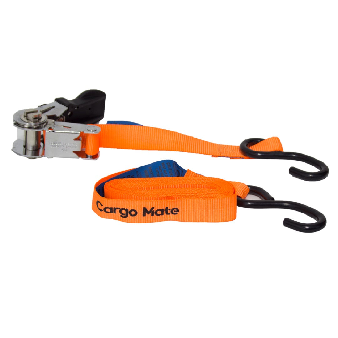 The Cargo Mate Ratchet Tie Down - 25mm x 4.5m features an orange polypropylene webbing strap with an automatic locking ratchet mechanism on one end, finished in silver, and a black S-hook on both ends. The strap, neatly coiled when not in use, prominently displays the "Cargo Mate" brand name in black text.