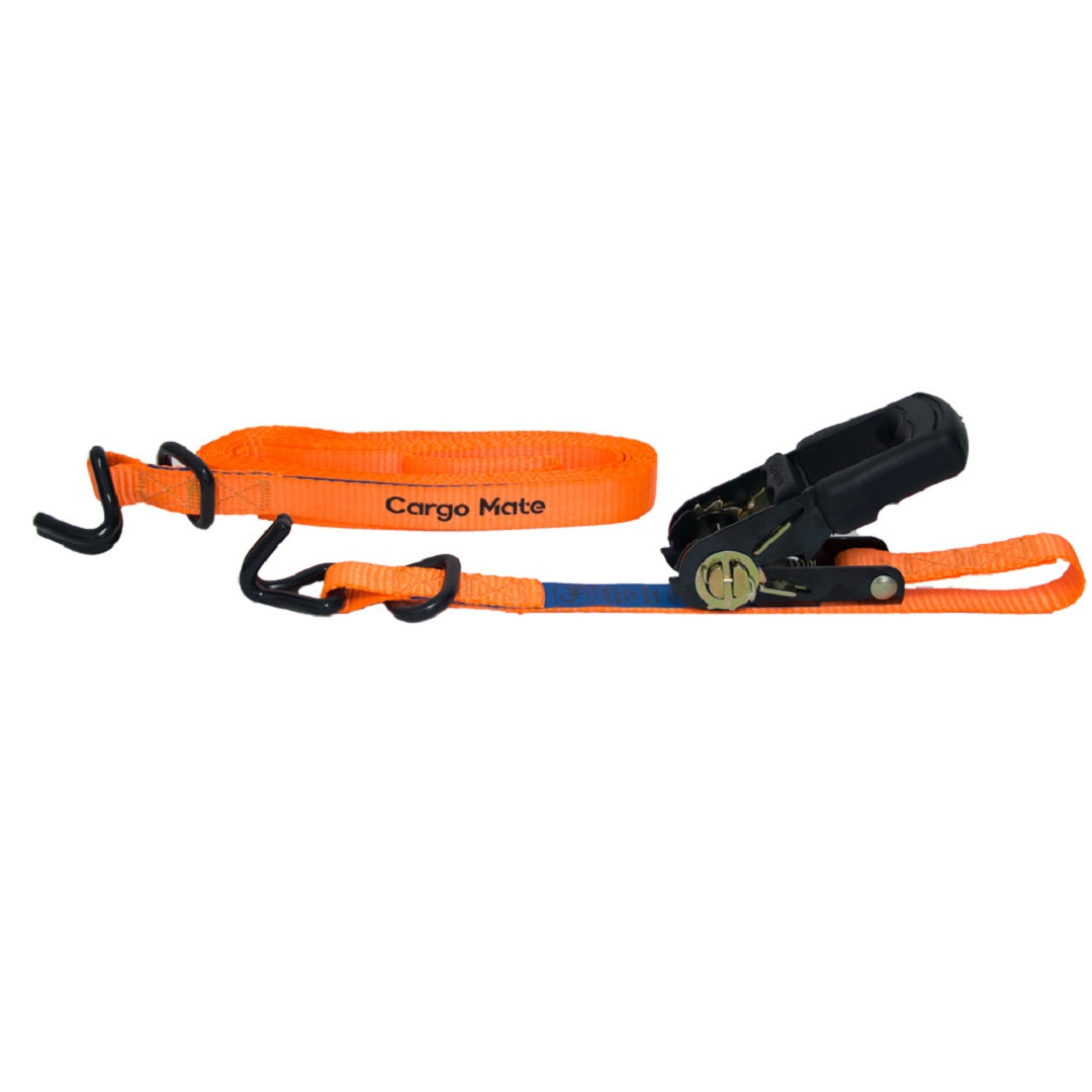 The Cargo Mate Ratchet Tie Down - 25mm x 4.9m features an orange polypropylene webbing strap with black hooks and an automatic locking ratchet mechanism. One end of the strap, labeled "Cargo Mate," is equipped with two elongated hooks, while the other end has a ratchet for tightening. The neatly coiled strap is displayed against a white background.