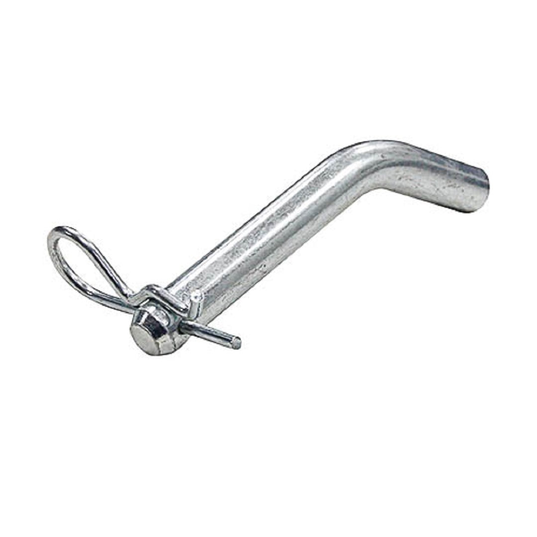 The Cargo Mate Towbar Hitch Pin by Cargo Mate is a durable metal hitch pin featuring a bent handle and a looped retaining clip, ideal for securing various towball couplings. It boasts a smooth, silver finish.