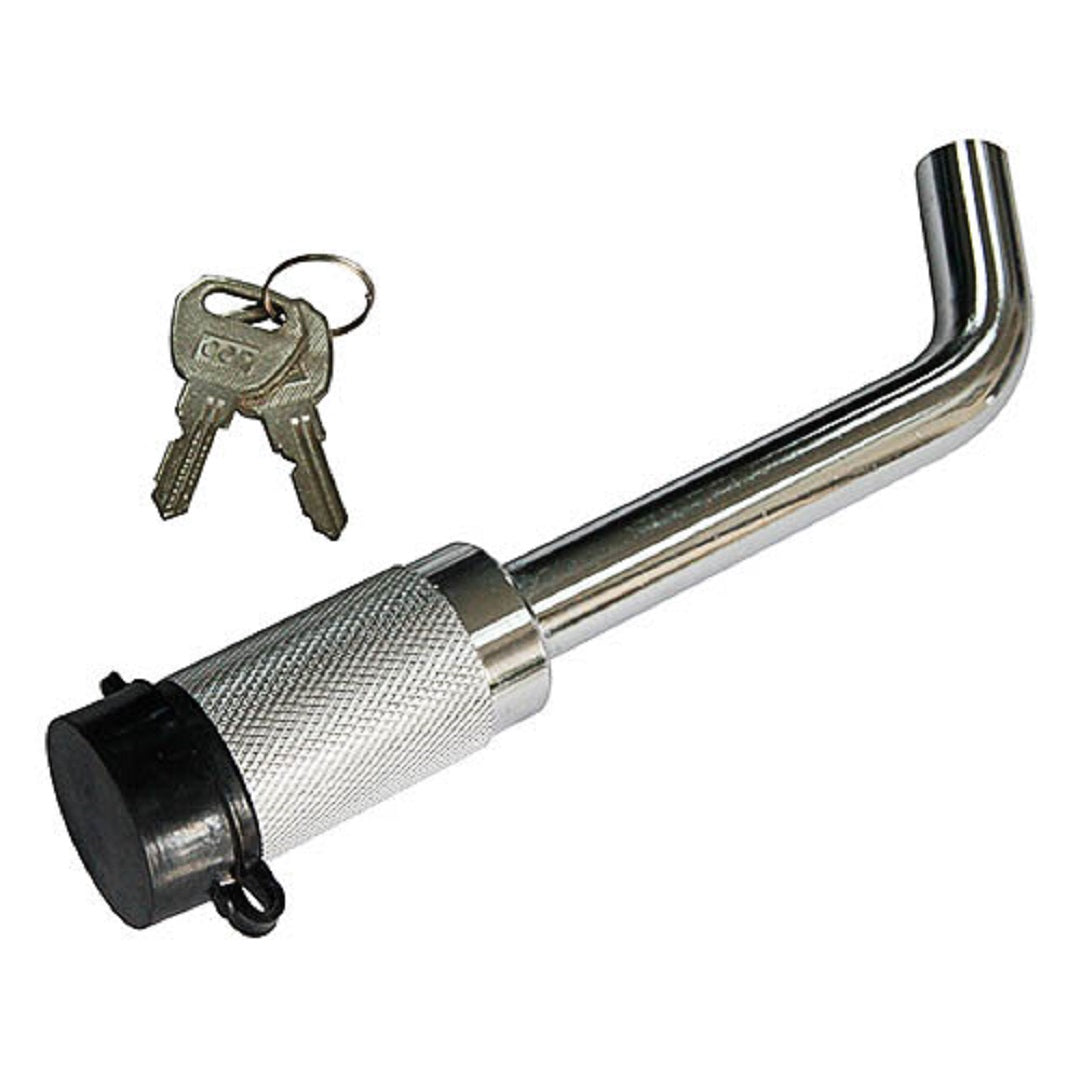 A Cargo Mate Towbar Hitch Pin from Cargo Mate features a bent metal pin, a textured cylindrical grip, and a black rubber cap. Accompanying it are two keys attached to a small keyring, perfect for securing square slide hitches.