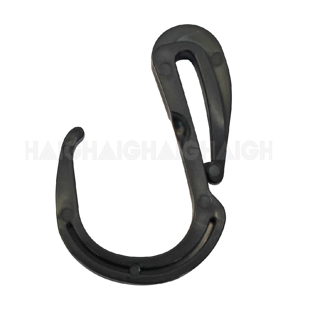 Introducing the Cargo Mate Trailer Net Hooks - 6pk by Cargo Mate. These black plastic S-shaped hooks feature a clip on one end, making them perfect for use with TN9 nets. Slightly curved and smooth to the touch, they offer both functionality and a sleek design.