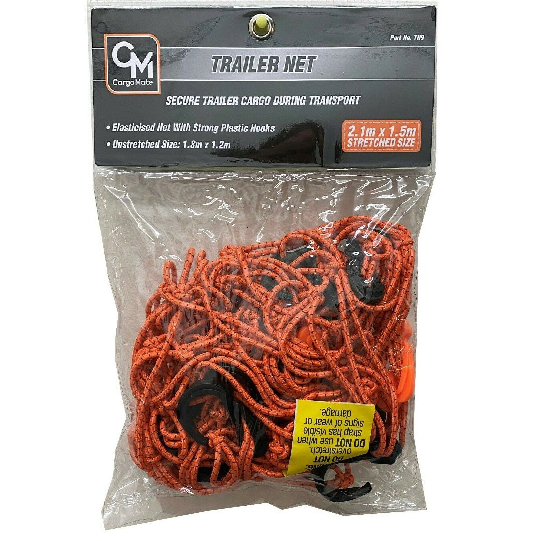 The image displays a packaged Cargo Mate Trailer Net - 7' x 5', specifically designed for securely securing trailer cargo during transport. The net is elasticized and features strong plastic hooks, with a stretched dimensions of 2.1m by 1.5m. The transparent packaging reveals the bundled red-orange net inside, offering a clear view of the product from Cargo Mate.