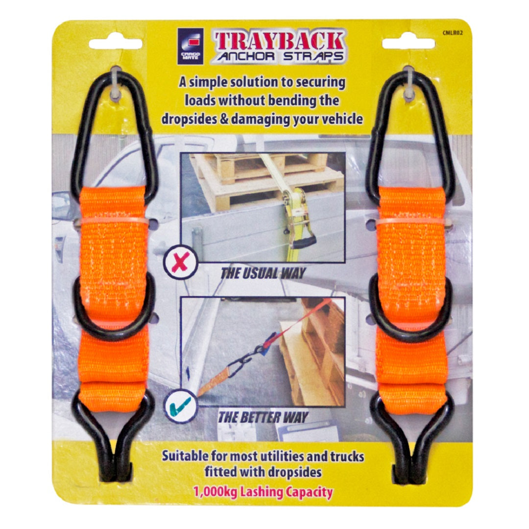 Packaging for Cargo Mate Trayback Anchor Straps - Large displays two fluorescent orange straps with black hooks. Instructions demonstrate fixing methods: "The Usual Way" with excessive bending and "The Better Way," securing low loads without damage. Suitable for vehicles with dropsides, utilities, and trucks, with a 1000kg lashing capacity.