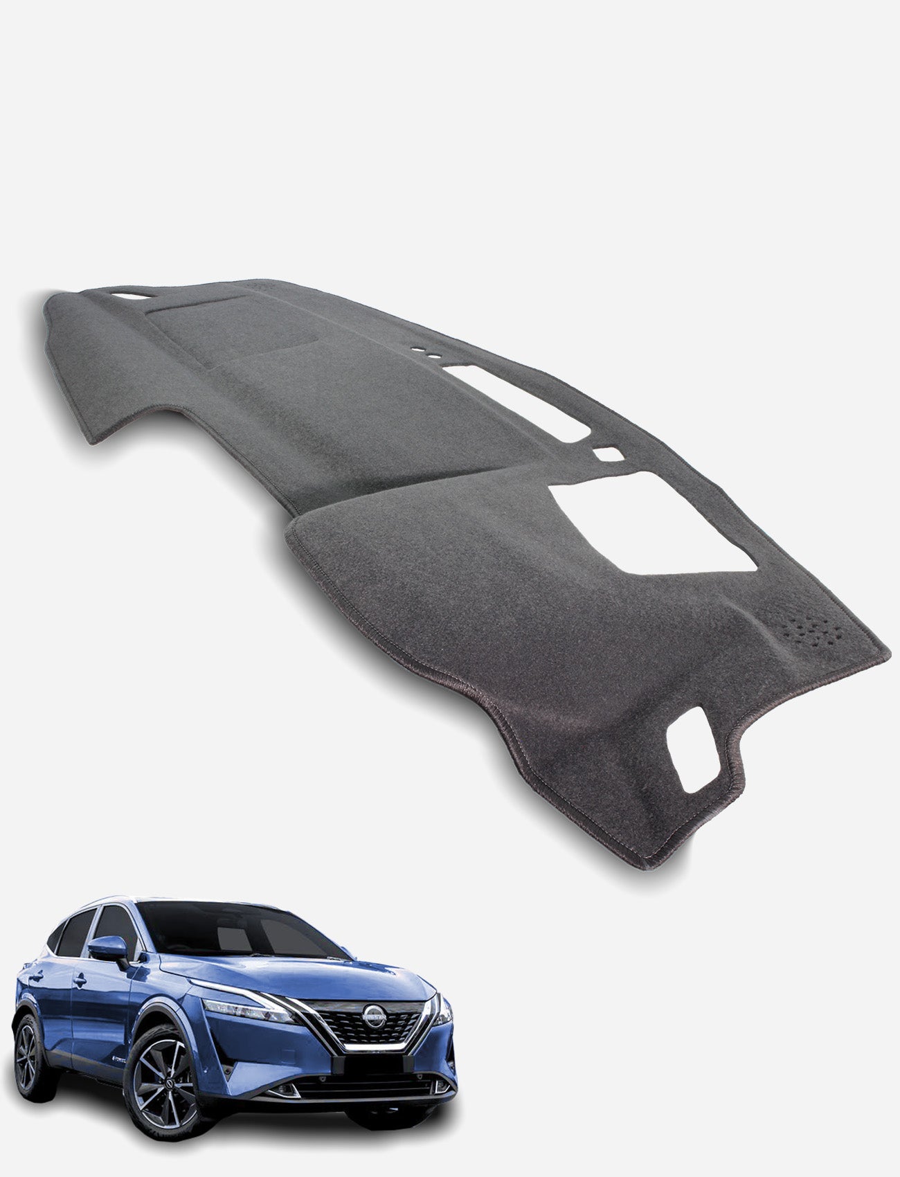 A Sunland-Protection Nissan Qashqai J12 (HUD) Dash Mat is shown above a blue SUV on a white background. Designed for airbags, this black mat fits your dash's contours and offers stylish sun protection.