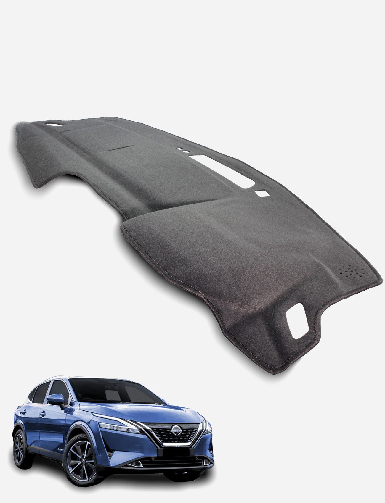 A Sunland-Protection Nissan Qashqai J12 (No HUD) Dash Mat in black is shown above a blue Nissan SUV, both against a light background. The dash protector appears custom-fit for the vehicle displayed.