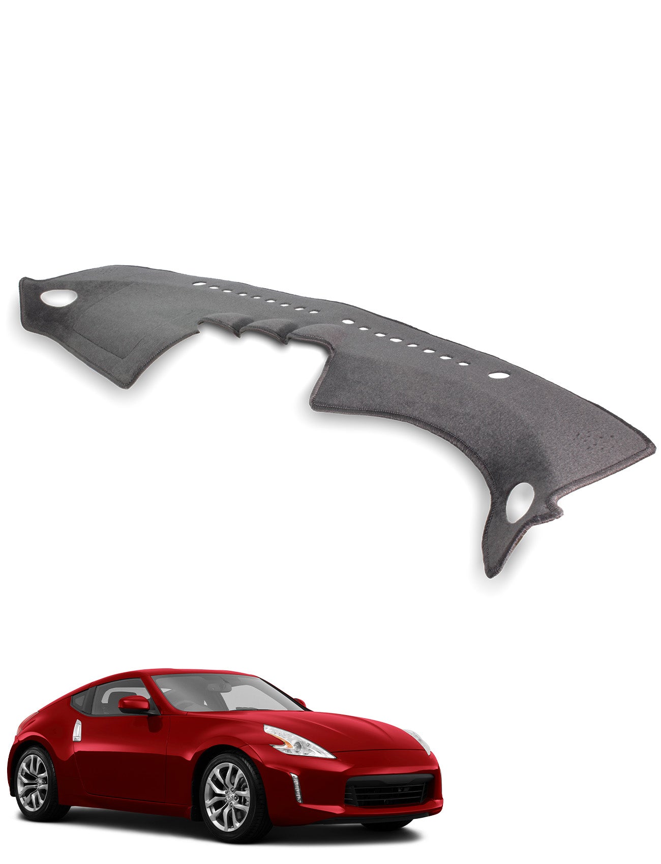 A red sports car is pictured beneath the Sunland-Protection Nissan 370Z AAZ34 Dash Mat, a custom-fit fabric cover designed to match the dashboard contours and provide superior glare protection.