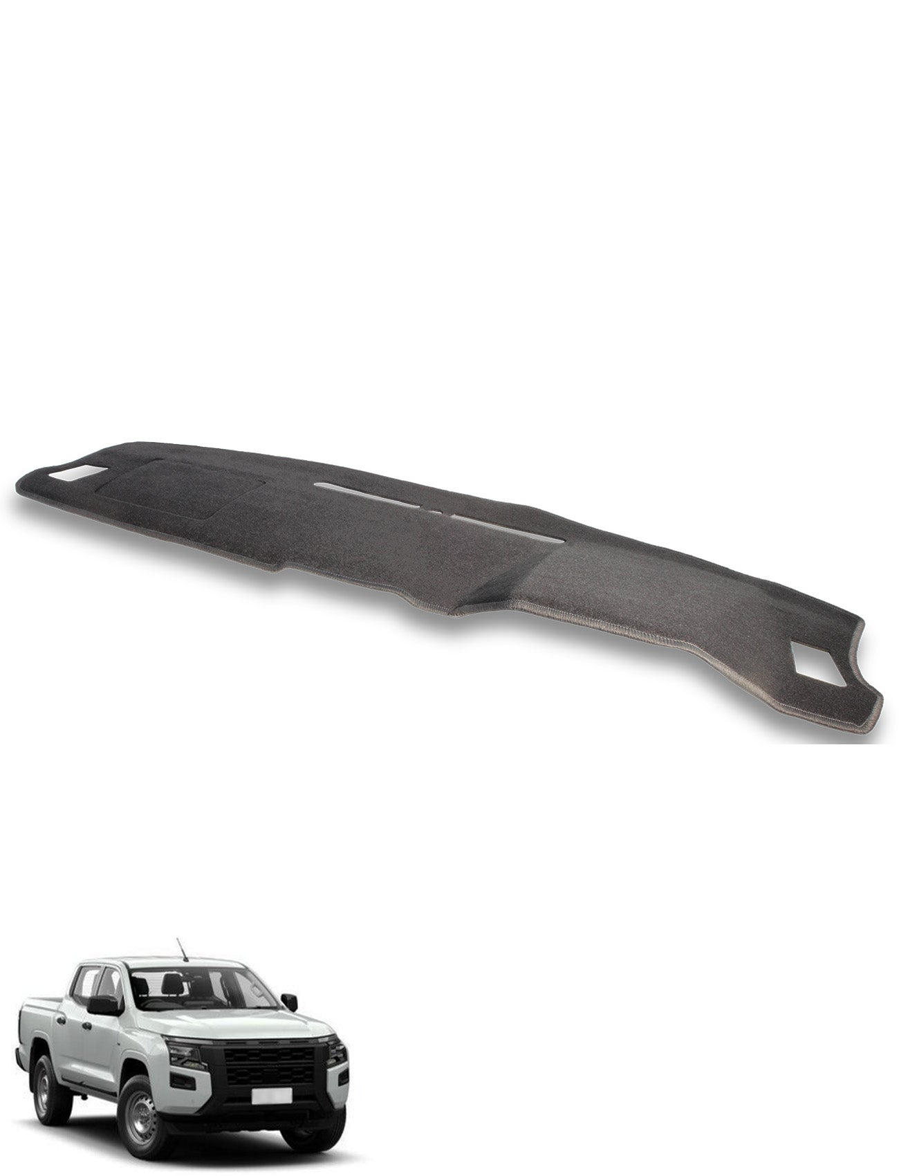 A Sunland-Protection Nissan Navara D27 Dash Mat in black is showcased above a white Nissan Navara pickup with black accents, all set against a white background.