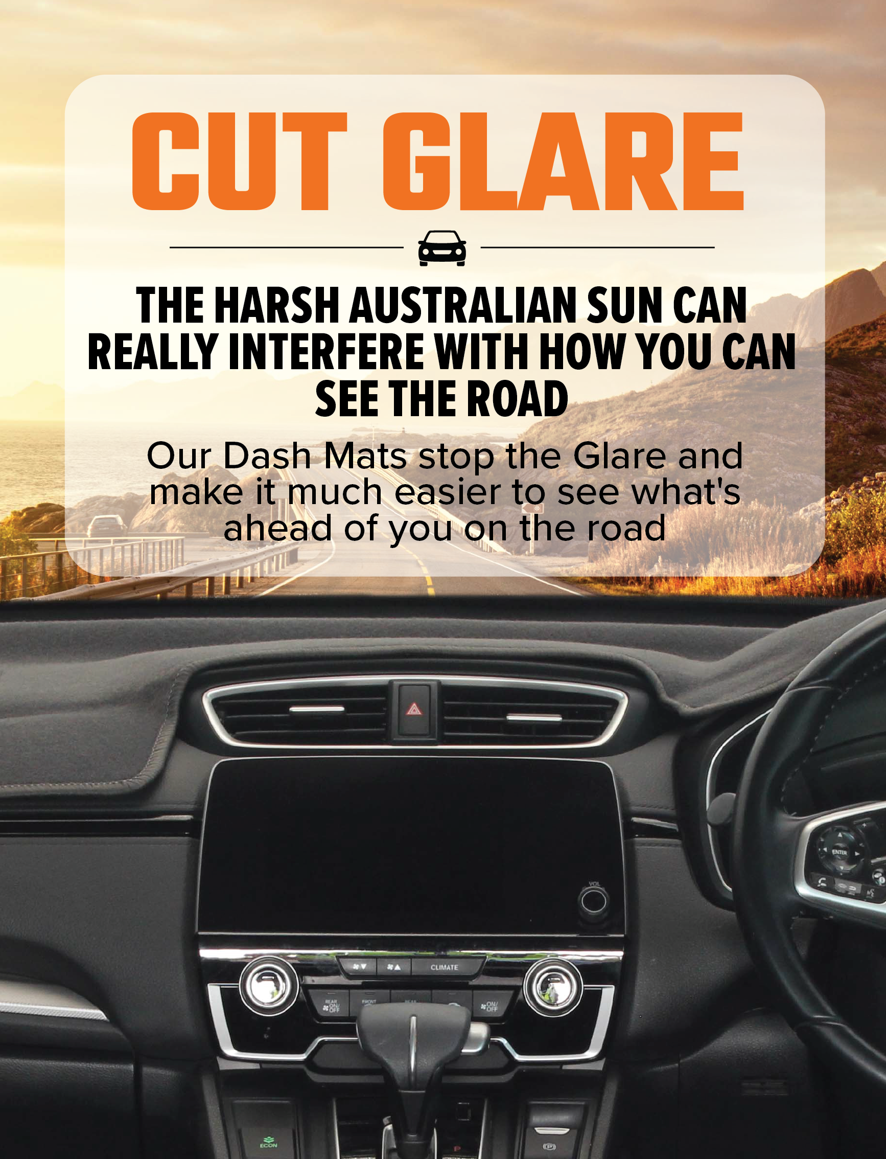 Interior view of a car dashboard with a winding road and sunset seen through the windshield. Text overlay reads: "CUT GLARE. The harsh Australian sun can really interfere with how you see the road. The Sunland Dash Mat Charcoal from Sunland-Protection, designed for Kia Rio 01/2003-08/2005 All Models - A1306, stops glare, keeps your vehicle cool, and makes it much easier to see what's ahead.