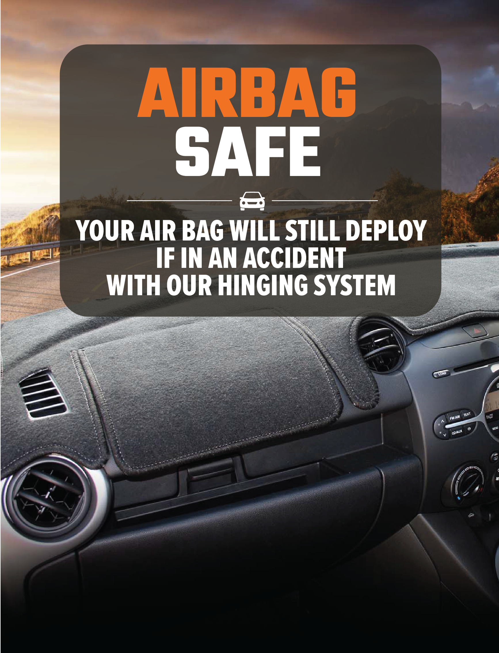 The dashboard of a car shows a message stating, "Airbag Safe. Your air bag will still deploy if in an accident with our hinging system." A Sunland-Protection Dash Mat Black, designed for MG MG HS Sas23 models including PHEV & Plus EV from 09/2019 onwards, helps maintain your vehicle's coolness and protects its resale value. This scene is set against a picturesque backdrop of mountains along the roadside.