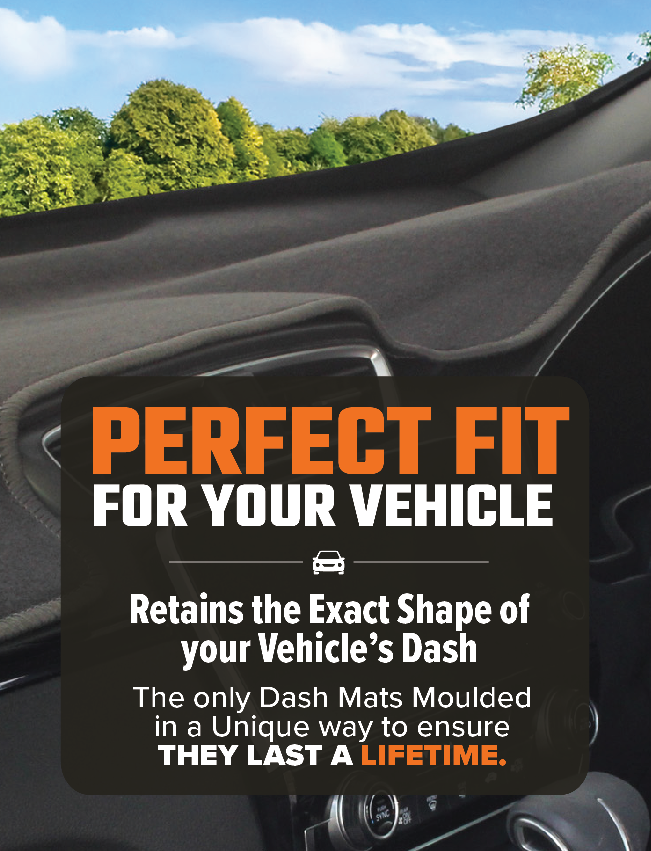 An advertisement for dashboard mats features a car interior showcasing a charcoal dash mat. The text reads: "Perfect Fit for Your Mercedes Benz Chassis 116 (08/1972-07/1980). Retains the Exact Shape of Your Vehicle's Dash, Protects Resale Value, and Keeps Your Vehicle Cool. The only Dash Mat moulded uniquely to ensure it lasts a lifetime." Presenting the Sunland Dash Mat Charcoal by Sunland-Protection.