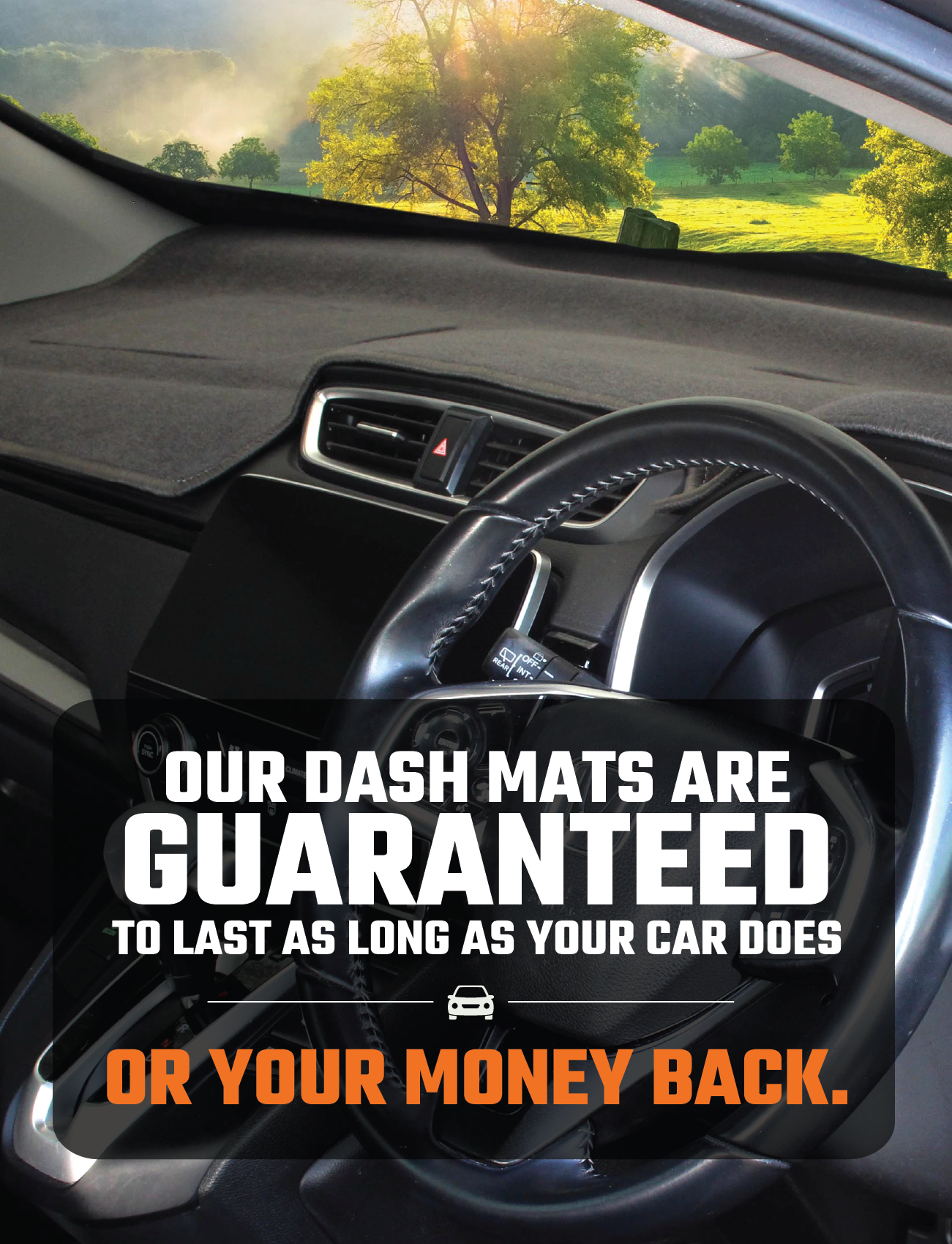 The image showcases the interior of a car with a Sunland-Protection Dash Mat Black Designed for Nissan X-Trail T31 (10/2007-03/2014) positioned on the dashboard. The accompanying text states, "Our dash mats are handcrafted in Australia and are backed by a lifetime guarantee or your money back." A bright landscape can be seen through the windshield, demonstrating exceptional vehicle dash protection.