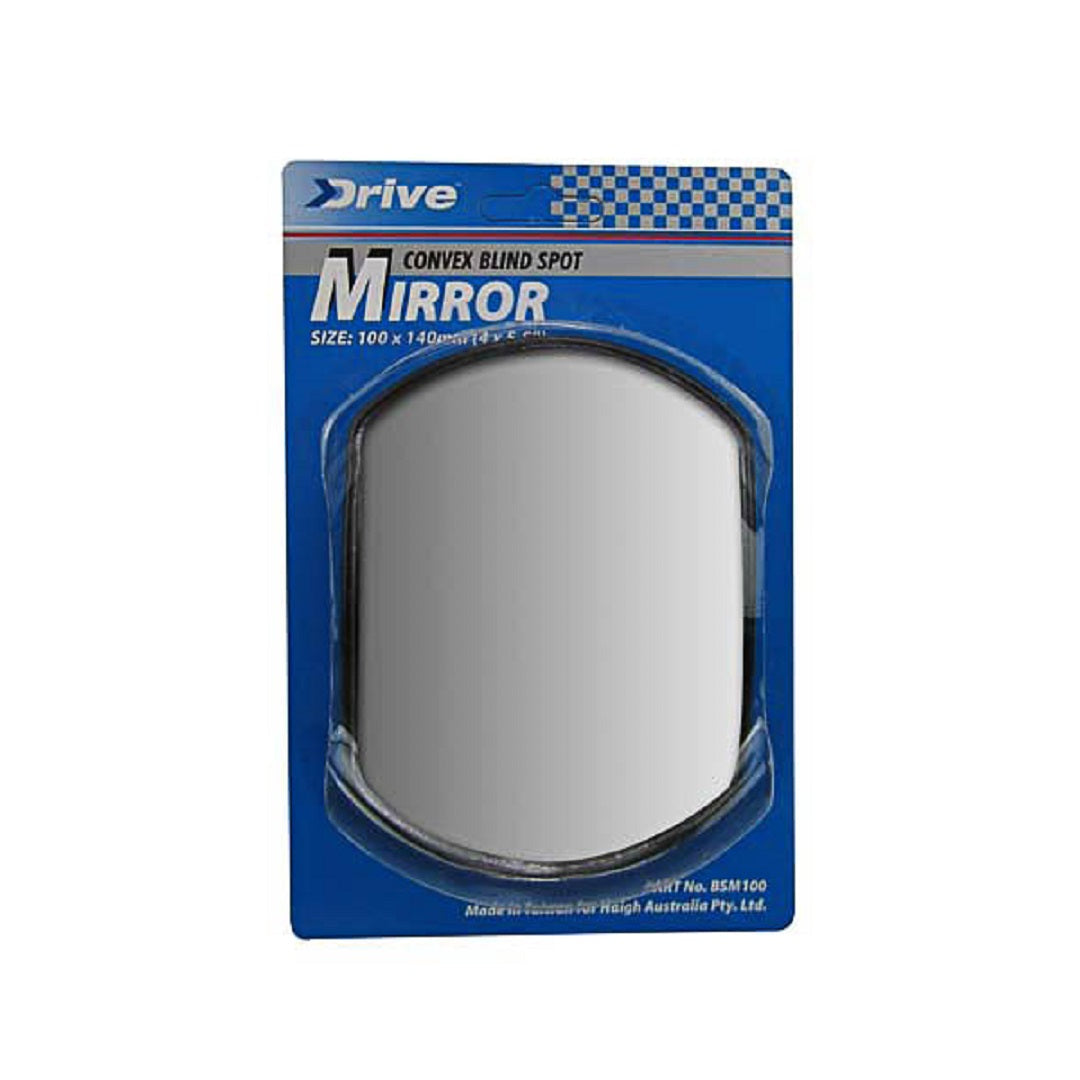 The image shows a Drive Blind Spot Mirror 100mm in blue packaging labeled "Drive" for safer driving. The oval-shaped mirror, designed for stick-on mounting, measures 100 x 140 mm and has the model number BSM100. This product is made in Taiwan for High Australia Pty. Ltd.