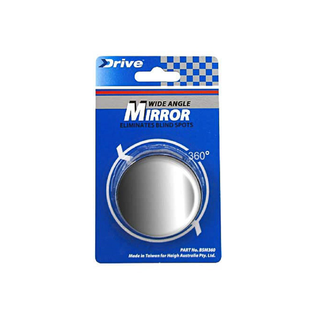 The "Drive Blind Spot Mirror 360 Deg 50mm" by Drive is a circular wide-angle mirror packaged in blue. The packaging highlights its ability to eliminate blind spots and features a fully rotatable 360° adjustable mirror. It mentions that the product, made in Taiwan, ensures safer driving.