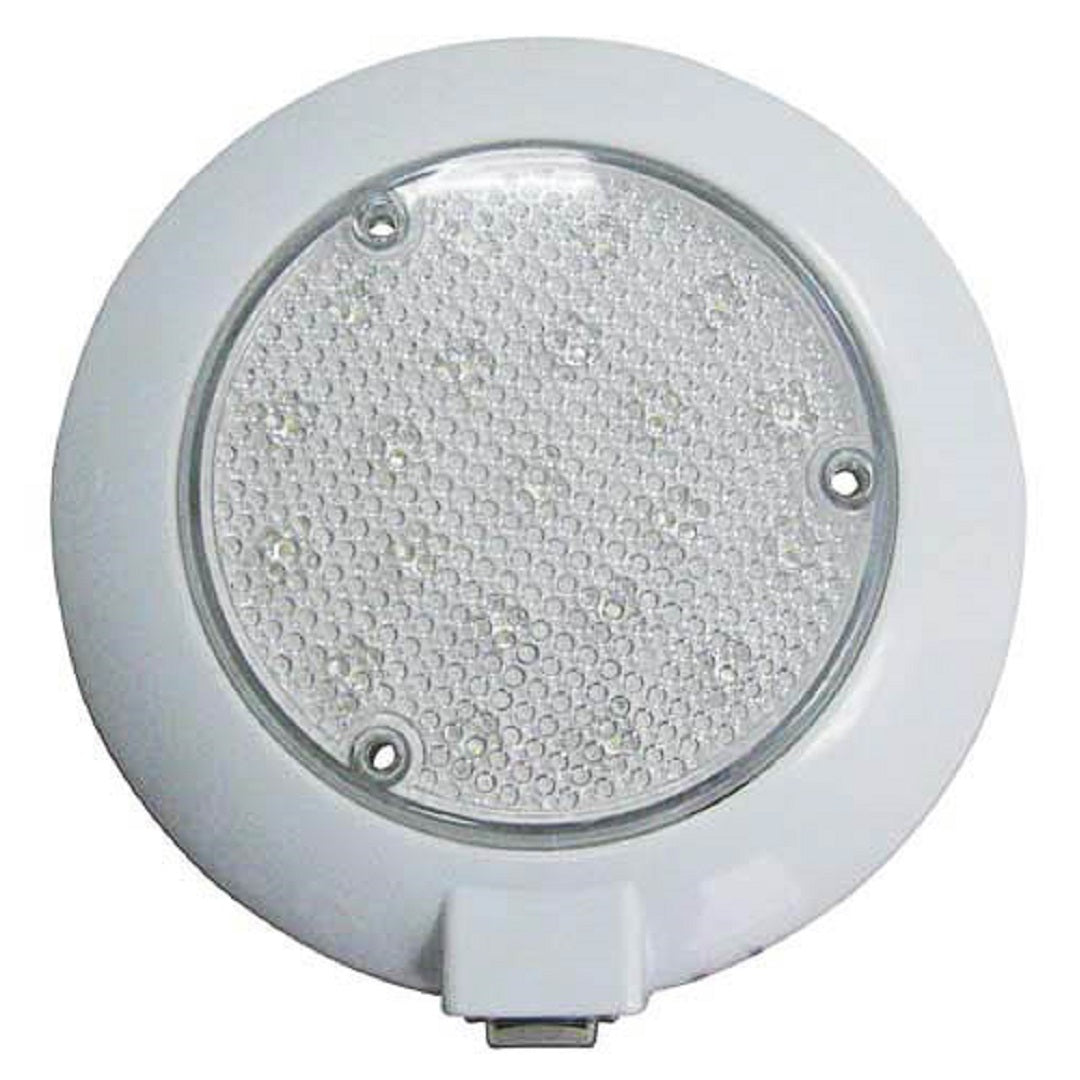 The Eagle Eye LED Dome Light - 150mm by Eagle Eye is a white, circular LED light fixture featuring a clear, textured faceplate with three visible screws securing it. This 12-volt interior lamp has a smooth outer rim and a small protruding component at the bottom. The design is simple and functional, suitable for ceiling or wall mounting.