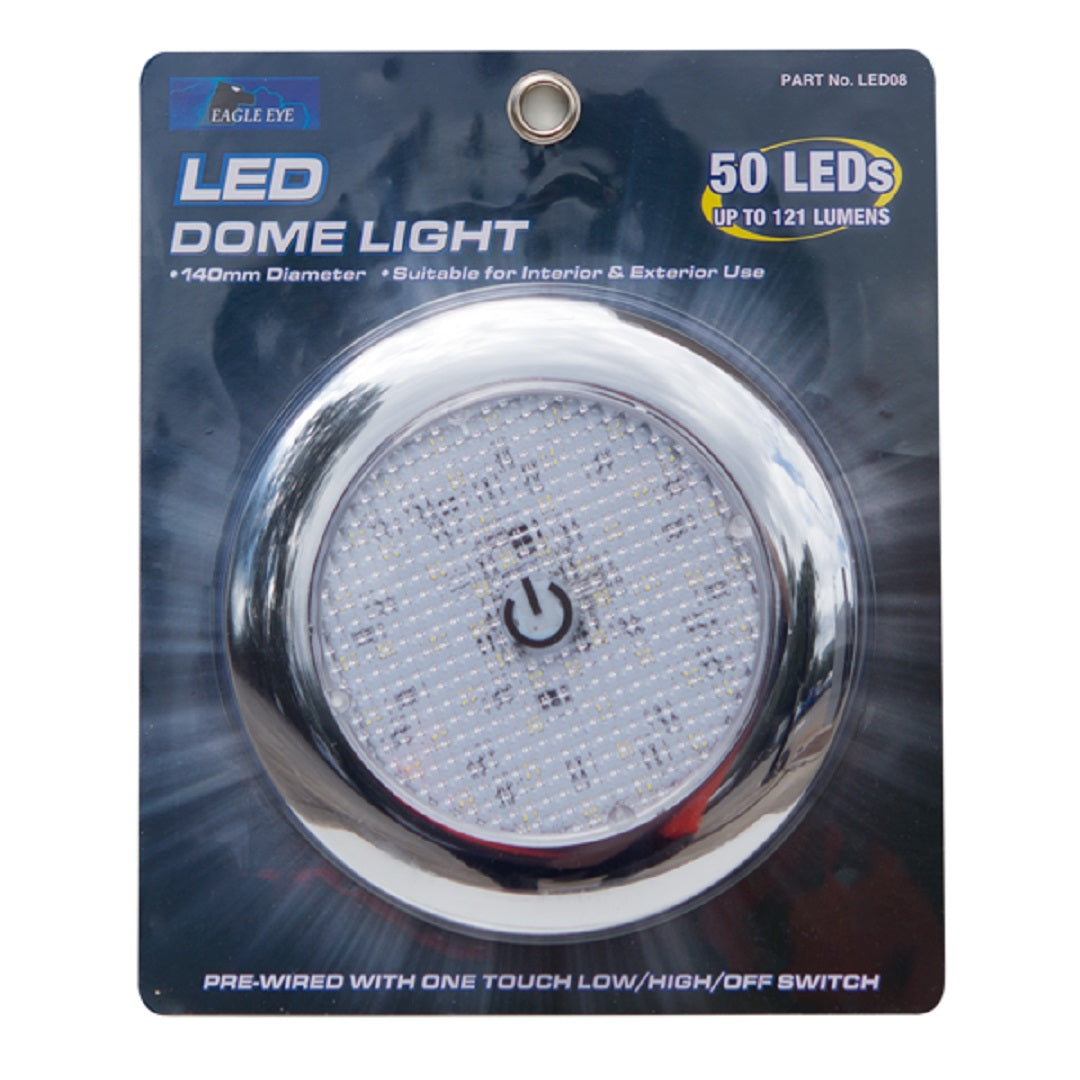 Packaging for the "Eagle Eye LED Dome Light - 140mm." This super bright LED light features a circular design with 50 LEDs and a power button in the center. It is pre-wired with a touch switch, water-resistant, IP66 rated for interior and exterior use, and boasts luminosity up to 121 lumens.