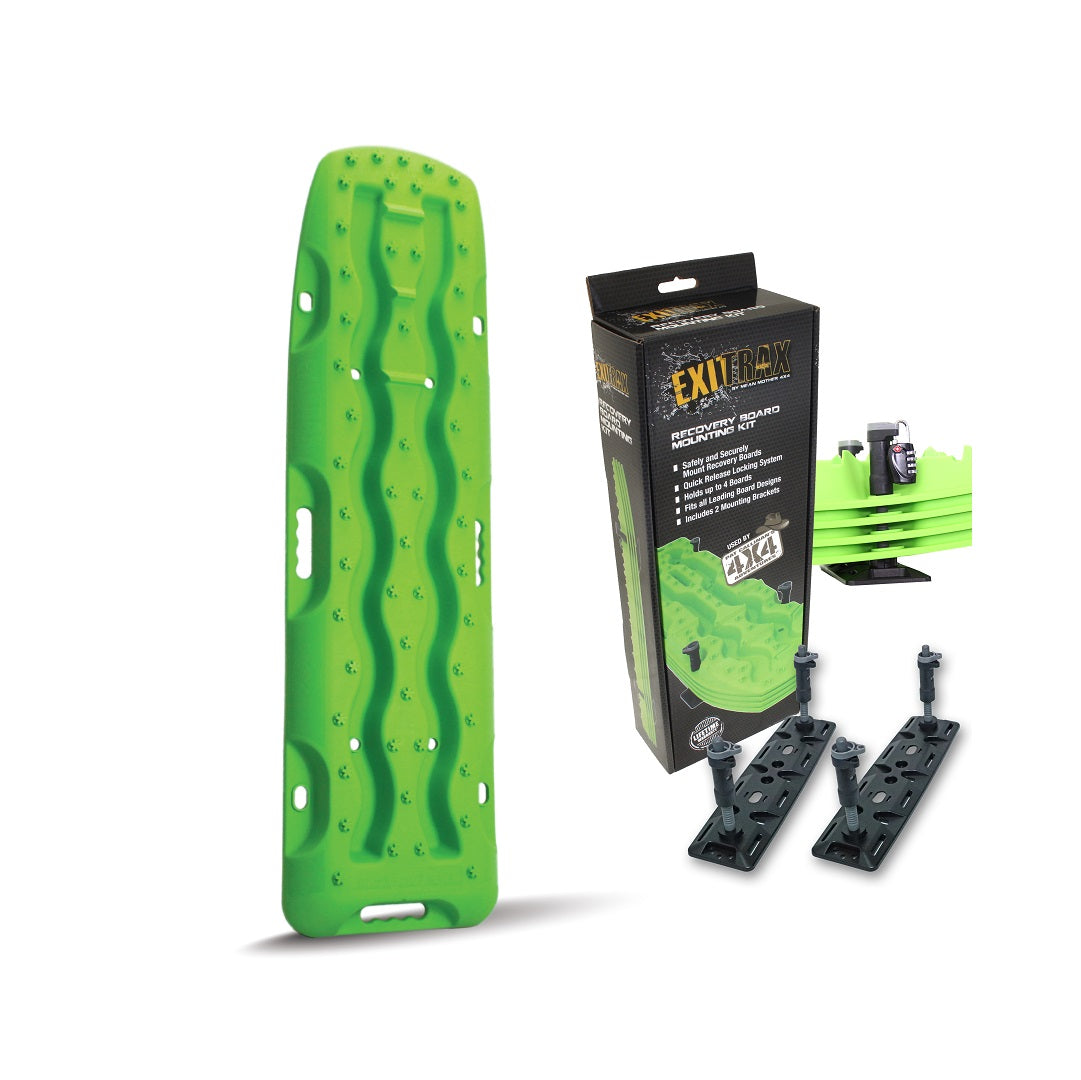 Image showing a green Exitrax Recovery Board 1110 Series on the left, branded as Exitrax, with multiple grooves and holes. On the right, there is packaging for the Exitrax Recovery Board 1110 Series - Green, Pair + 1 Set of Recovery Board Mounts with additional accessories including a Recovery Board Mounting Kit and brackets displayed in front of the box.