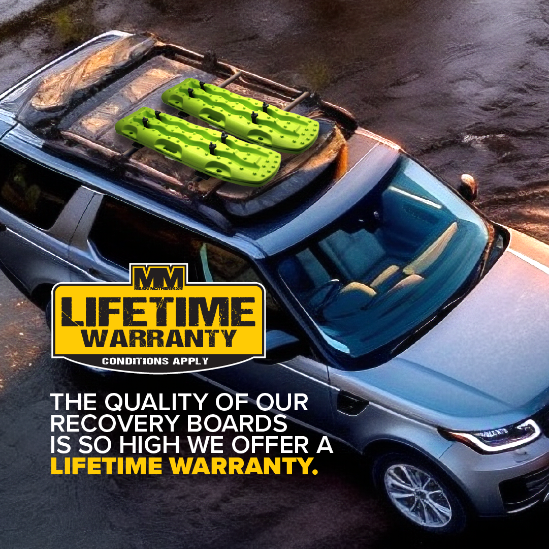 A car with Metallic Lime Green Exitrax Recovery Board 1110 Series on its roof rack highlights their quality and minimizes wheel spin in challenging terrains. A text overlay underscores a lifetime warranty, emphasizing the boards' durability in this adventurous outdoor setting.