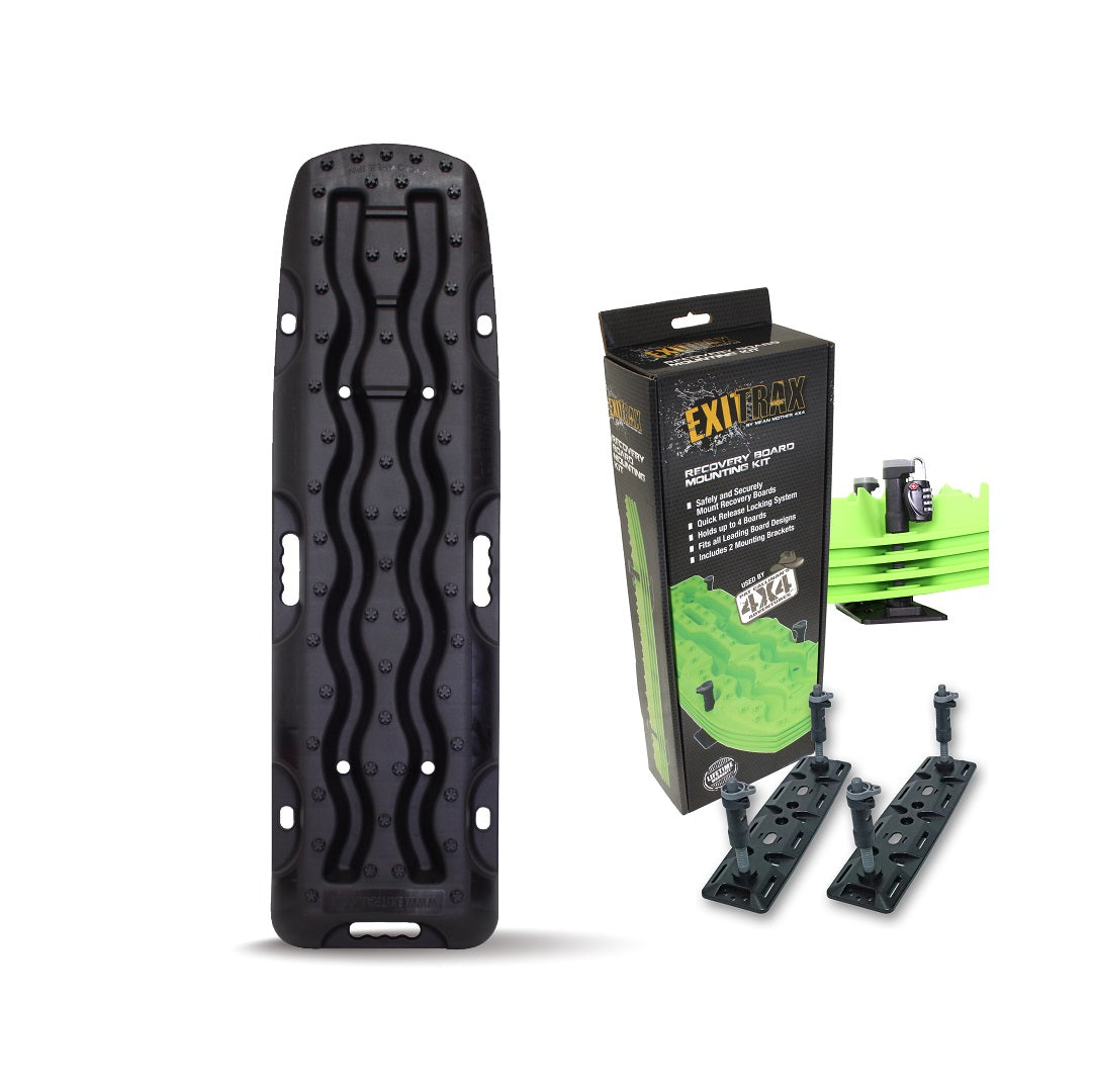 A black Exitrax Recovery Board 1110 Series designed for off-road vehicles, shown standing upright. To the right, there's a box with the product name "Exitrax" and images of the disassembled product featuring green elements. Below the box are four mounting brackets from the included recovery board mounting kit.