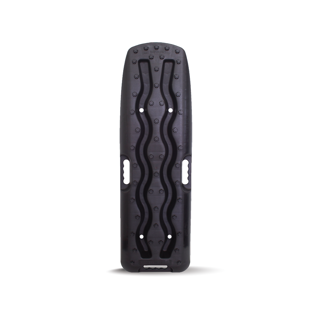 The Exitrax Recovery Board 930 Series - Black, Pair (Trade Show Only) is a black, rectangular balance board with a raised wavy pattern and multiple small protrusions for improved grip. It includes two rectangular cutout handles on the sides and a smaller handle cutout at one end, making it ideal for fitness and balance exercises. Perfect for recovery boards and comes with a lifetime warranty from Exitrax.