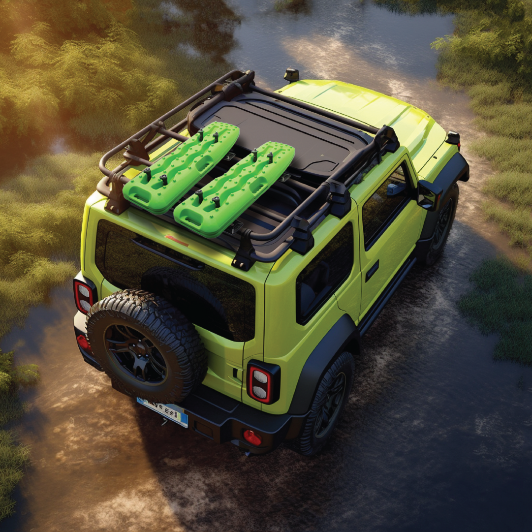 A vibrant green off-road vehicle is seen from above, driving through a narrow, muddy trail surrounded by dense foliage. The car features Exitrax Recovery Board 930 Series - Black, mounted on the roof with a set of Exitrax Recovery Board Mounts, along with a rooftop cargo rack and a spare tire on the rear. Sunlight filters through the trees.