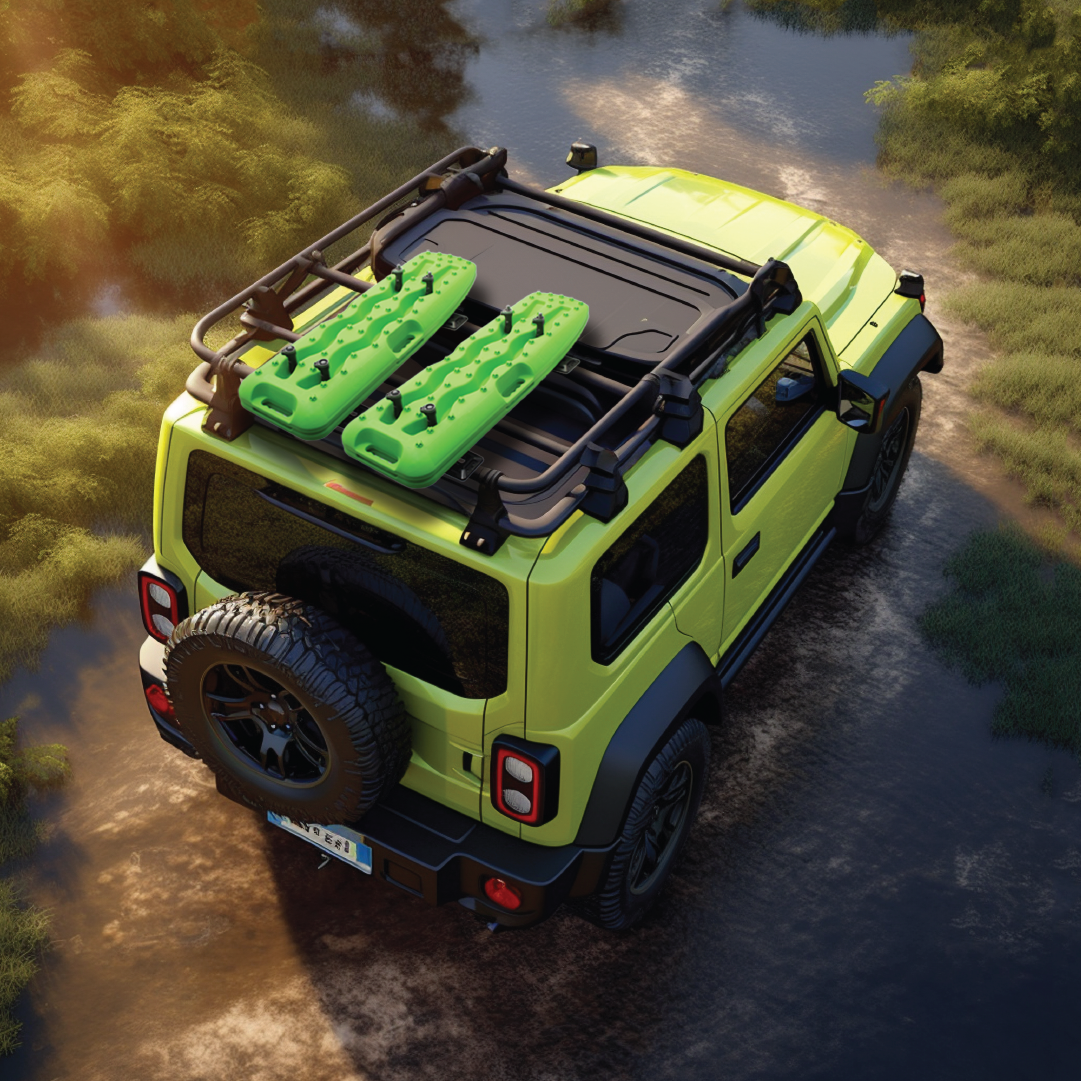 A bright green off-road vehicle is driving through a shallow, muddy trail surrounded by lush greenery. The vehicle, equipped with Exitrax Recovery Board 930 Series - Black, Pair and off-road gear attached to the roof rack, has a spare tire mounted on the back. The sun casts a warm glow over the scene.