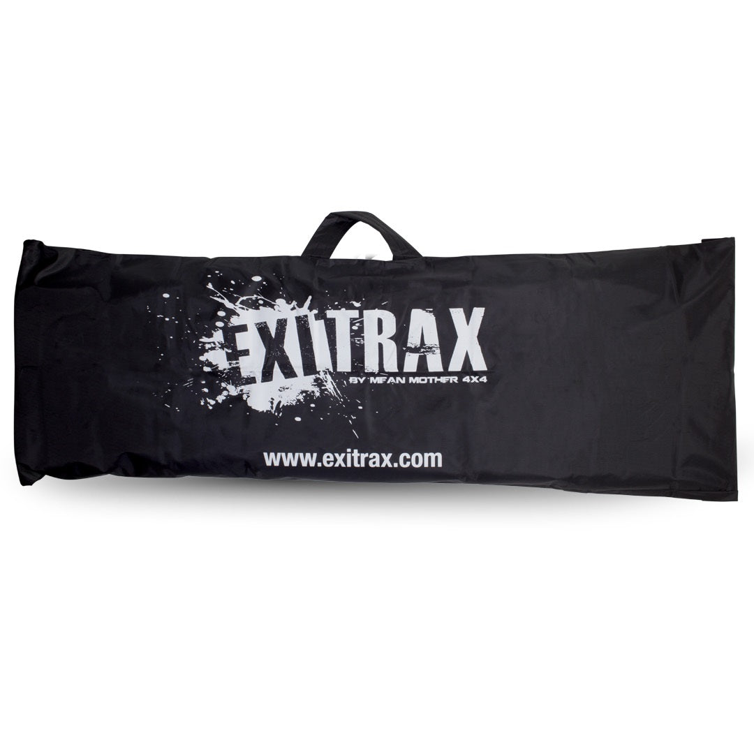 The Exitrax Recovery Board Bag (Trade Show Only) features a sleek black design with bold white "EXITRAX" text and a splatter motif. Below, it reads "By Mean Mother 4X4" along with the website "www.exitrax.com." Constructed from UV-resistant, waterproof polyester, this bag includes a convenient top handle for easy carrying.