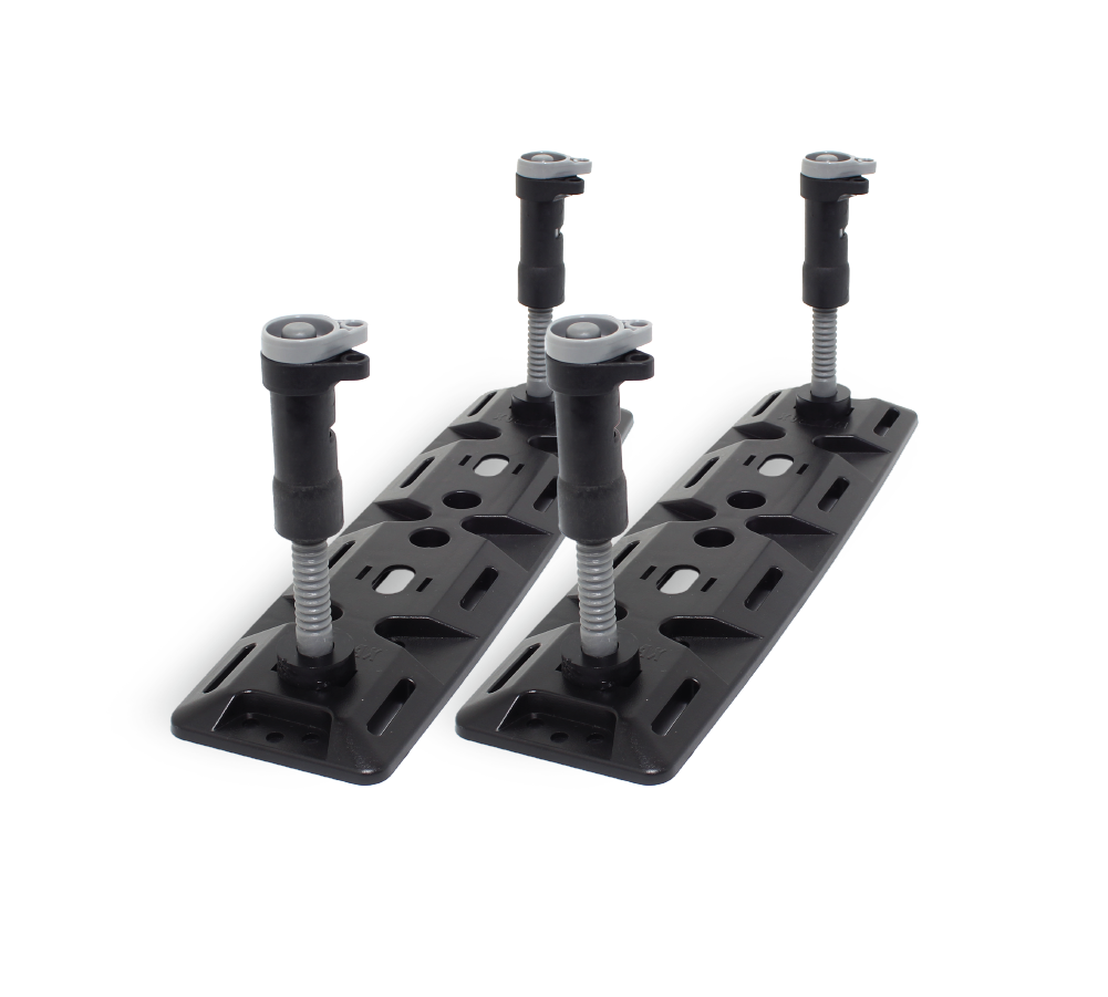 Three adjustable black furniture legs with metal screws and flat rectangular bases are arranged side by side against a white background, echoing the structured design elements of the Exitrax Recovery Board Ultimate 1150 in Aqua Marine.