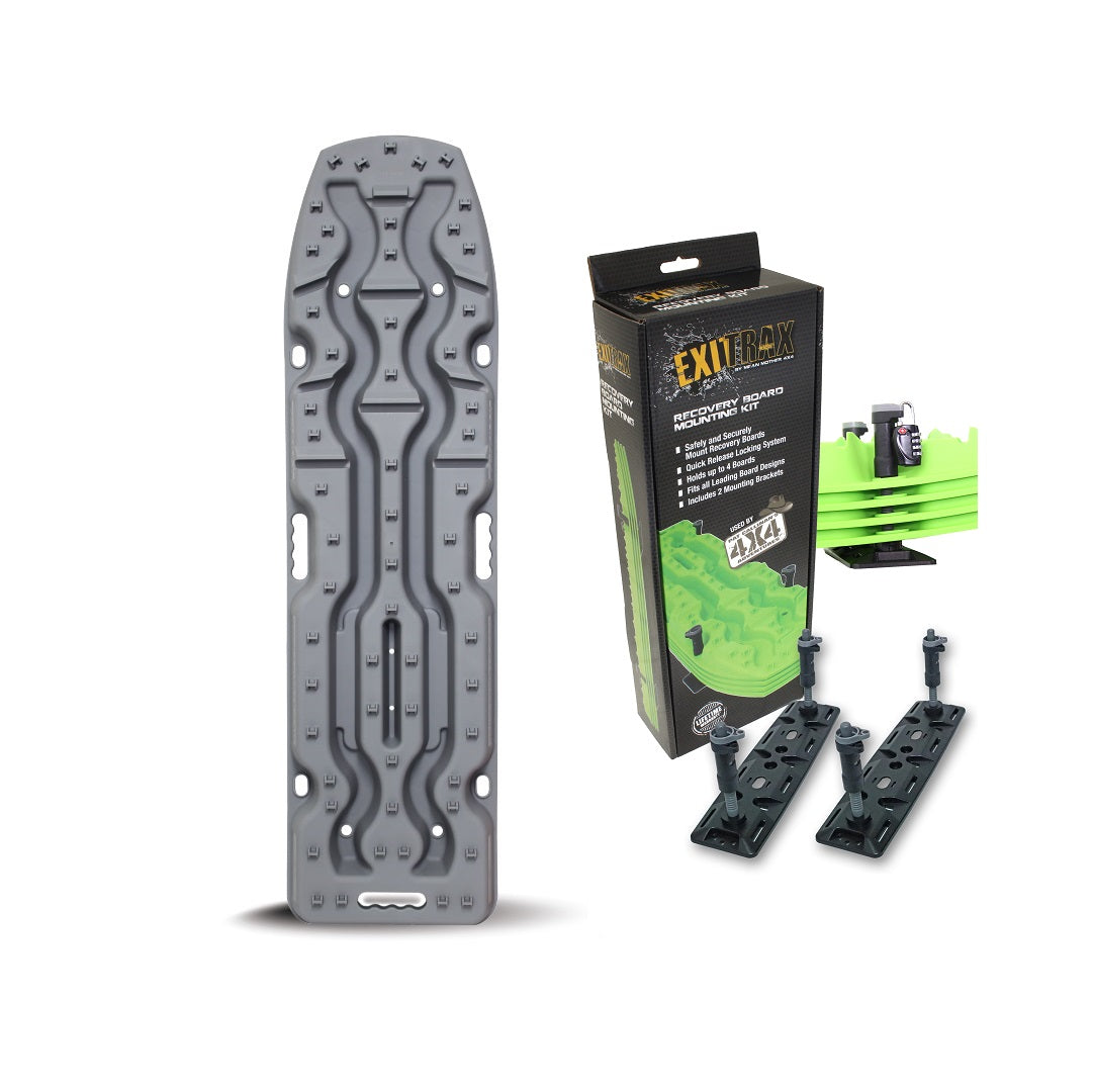 Image of the Exitrax Recovery Board Ultimate 1150 in gunmetal grey, a rectangular board with a textured surface designed for off-road vehicle tire traction, is shown on the left. On the right, there is the product's packaging box featuring green color accents and included mounting accessories. This Exitrax combo pack comes with a lifetime warranty.