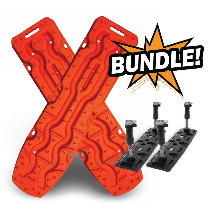 The image showcases two bright orange Exitrax Recovery Board Ultimate 1150 - Blood Orange, crossed over each other. The background features a stylized explosion graphic with the word "BUNDLE!" in bold letters. Below the boards, there are four black Exitrax Recovery Board Mounts displayed in pairs.