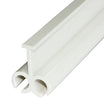 A close-up image of the Explore Caravan/RV Awning Dual Track by Explore, showcasing a white plastic T-molding trim piece with a flat top section and two rounded sections at the bottom. This 6.5mm x 1m trim is designed to fit into grooves or slots, making it ideal for edging or joining surfaces in home improvement or construction projects.