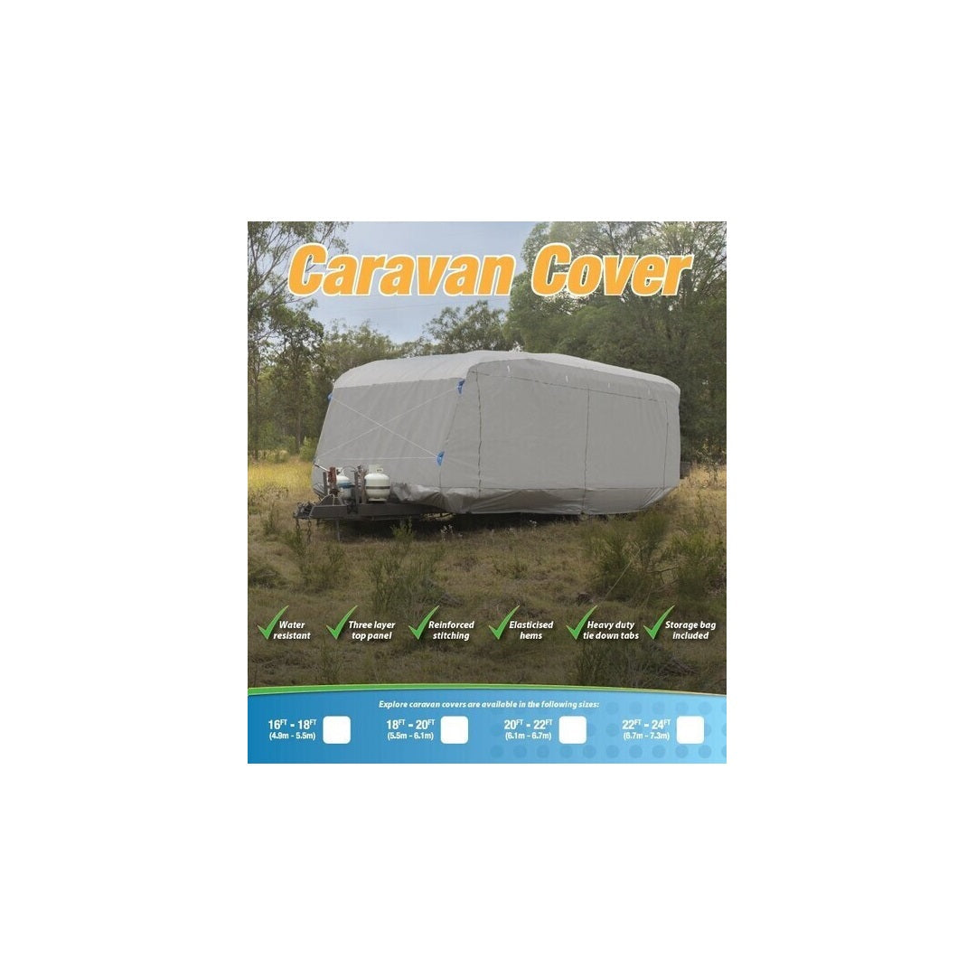 An image features an Explore Caravan Cover 5.4m - 6.0m shielding a caravan, set on a grassy field with trees in the background. The text at the top reads "Explore Caravan Covers," and at the bottom, it lists product features including water-resistant material, UV protection, and reinforced stitching.