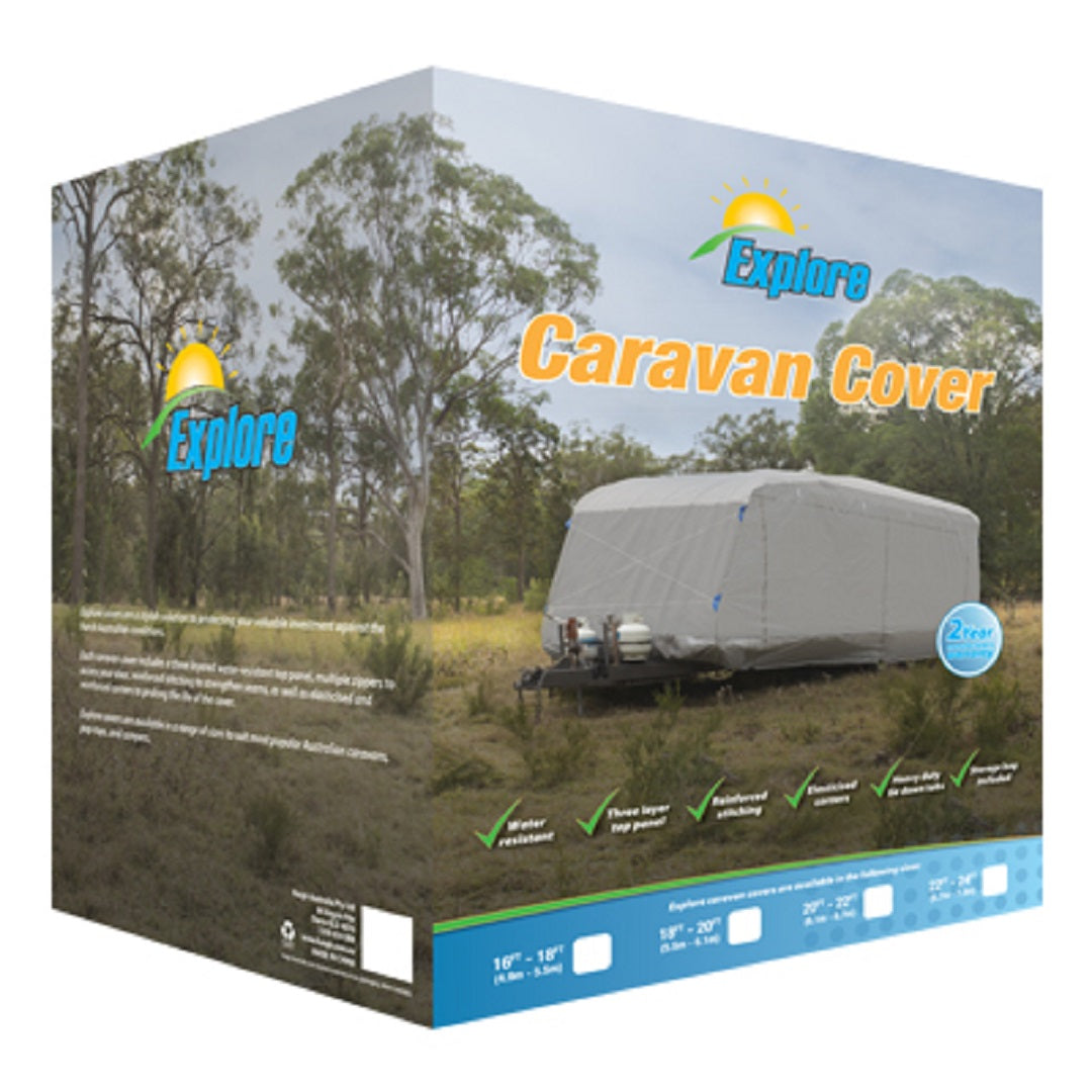 A product box for the "Explore Caravan Cover 6.0m - 6.6m" by Explore. The box features an image of a caravan covered by the product in a scenic forested area. Key features listed include water resistance, UV protection, and reinforced stitching. The box also highlights a 2-year warranty and compatibility with caravans measuring 10ft-18ft.