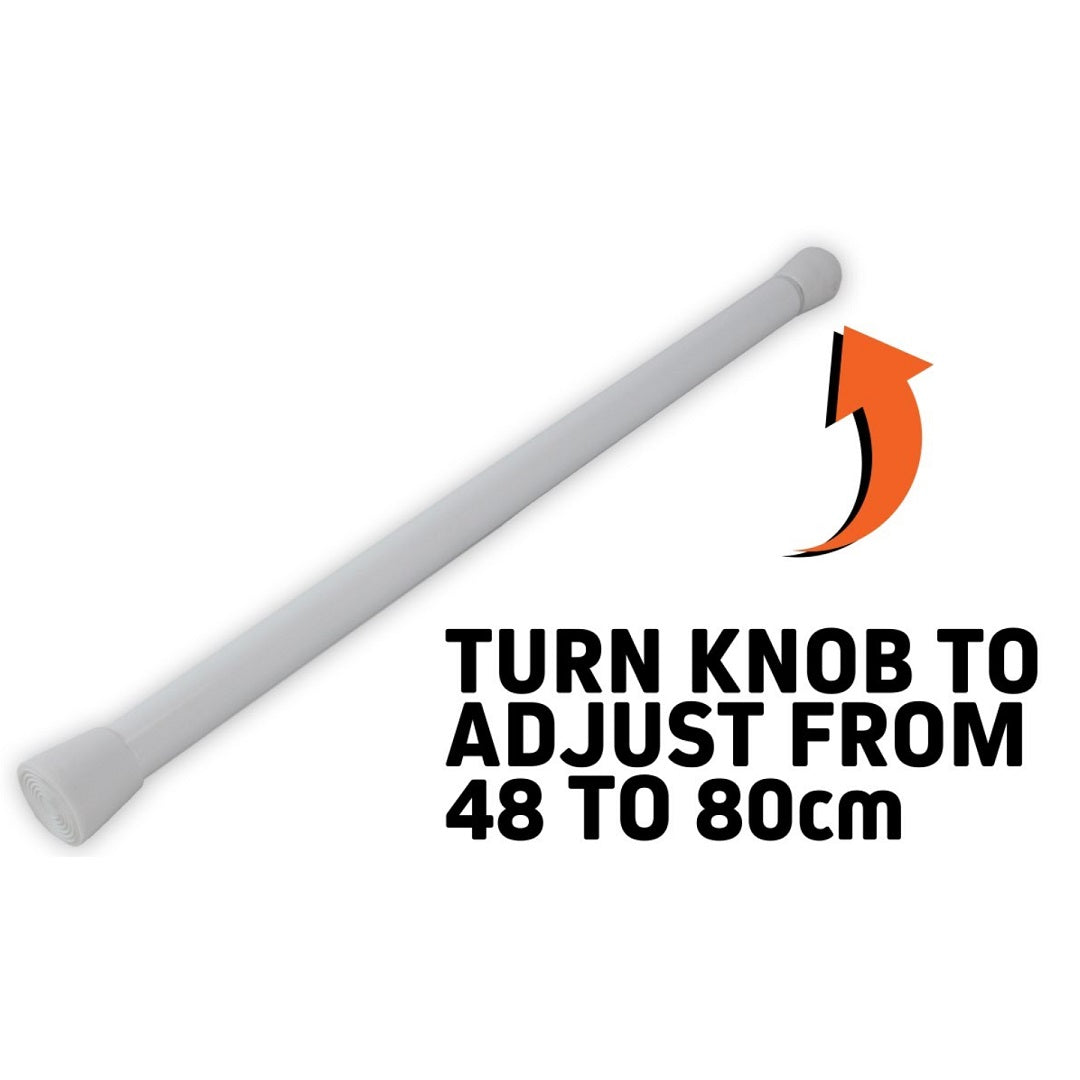 The Explore Caravan & RV Fridge Bars, ranging from 48 to 80 cm, feature an adjustable white rod with a turn knob mechanism. The text on the product reads "TURN KNOB TO ADJUST FROM 48 TO 80cm," accompanied by an upward-pointing orange arrow, making it ideal for tension-based fridge bar mounting in caravans or mobile homes.