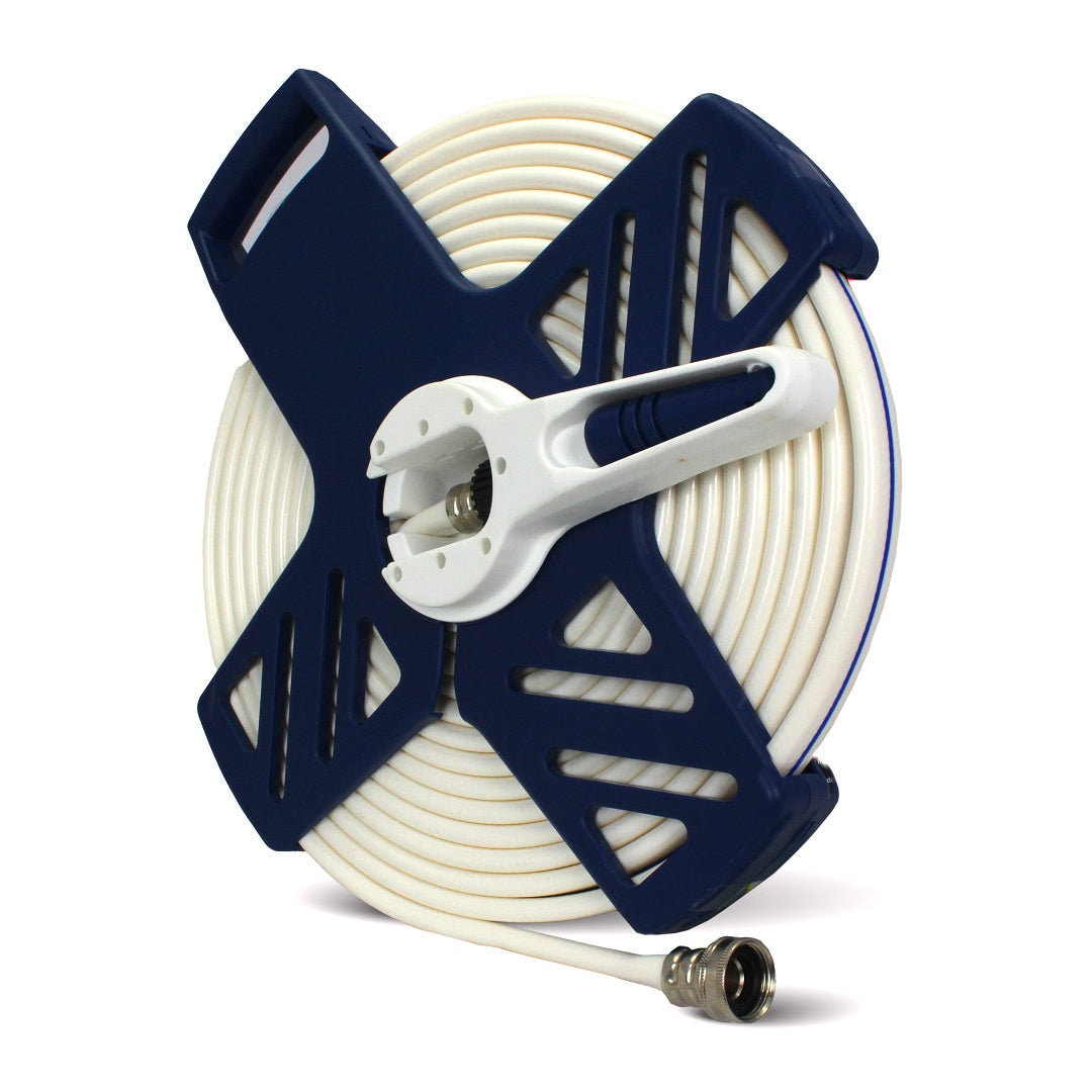 The image showcases the Explore Flat Hose With Reel - 9m, coiled neatly around a blue and white caravan hose reel. The UV-resistant garden hose is securely attached to the food grade safe reel, which features a handle at the top for convenient transport and a nozzle on the end of the hose. The design also includes X-shaped supports for added stability.