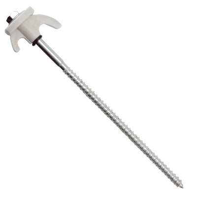 The Explore Hard Surface Metal Screw Peg by Explore is a long, silver screw made of rust-resistant steel with sharp threads for better wall penetration and securing. It features a white plastic toggle anchor at the top, designed for creating strong supports in drywalls or plasterboards.