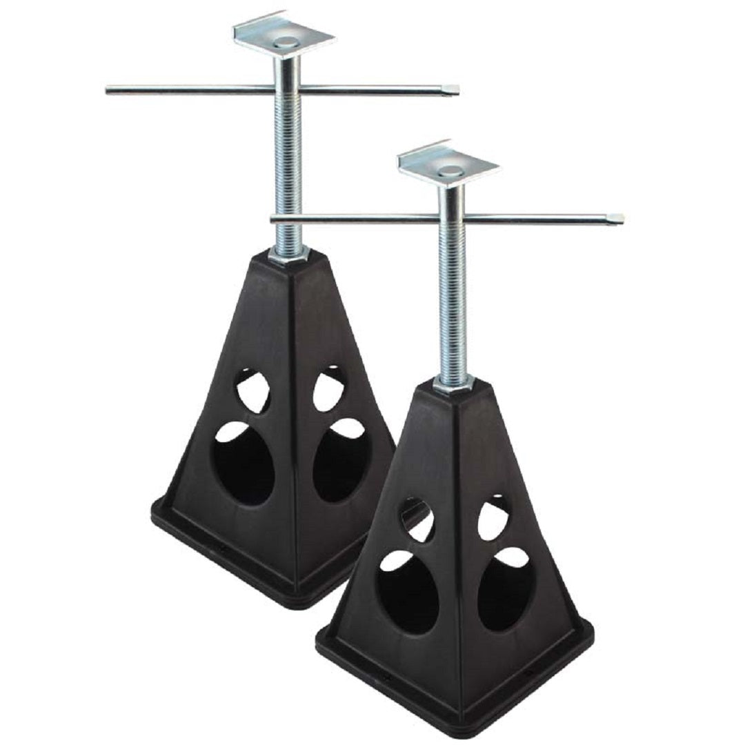 The Explore Caravan Stabiliser Stand - 2pk from Explore consists of two black stands featuring a triangular base and circular cutouts. Each stand is equipped with a central screw mechanism and crossbar handle to adjust the height. Their durable construction ensures robustness and sturdiness, making them suitable for supporting vehicles during maintenance or serving as caravan leveling stands.