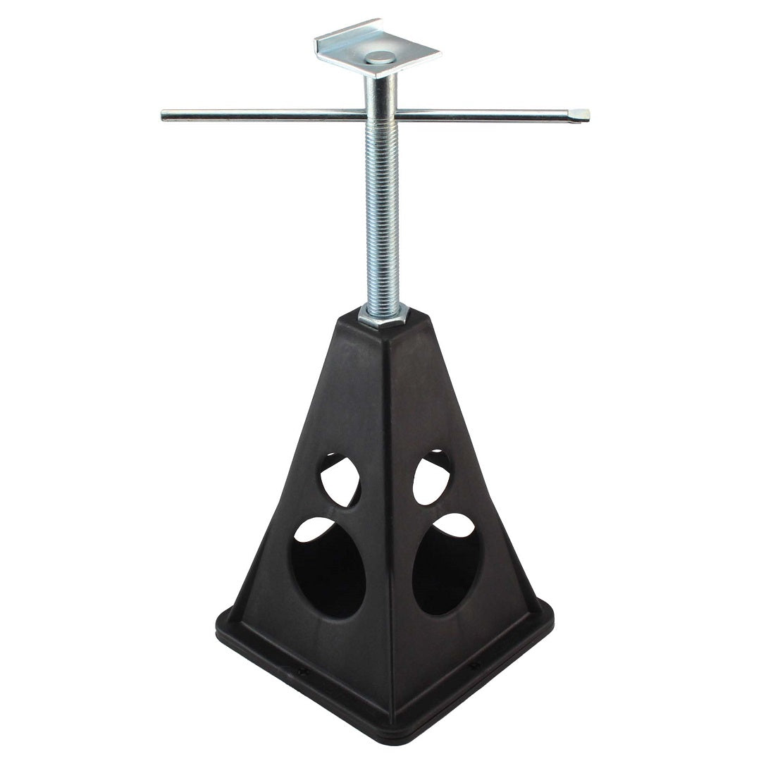 The Explore Caravan Stabiliser Stand - 2pk by Explore features a durable black pyramid-shaped design with triangular cutouts on each side and a threaded screw mechanism on top for easy height adjustment. The screw includes a T-handle for effortless turning. With its wide and stable base, this stand is ideal as an adjustable camper stand.