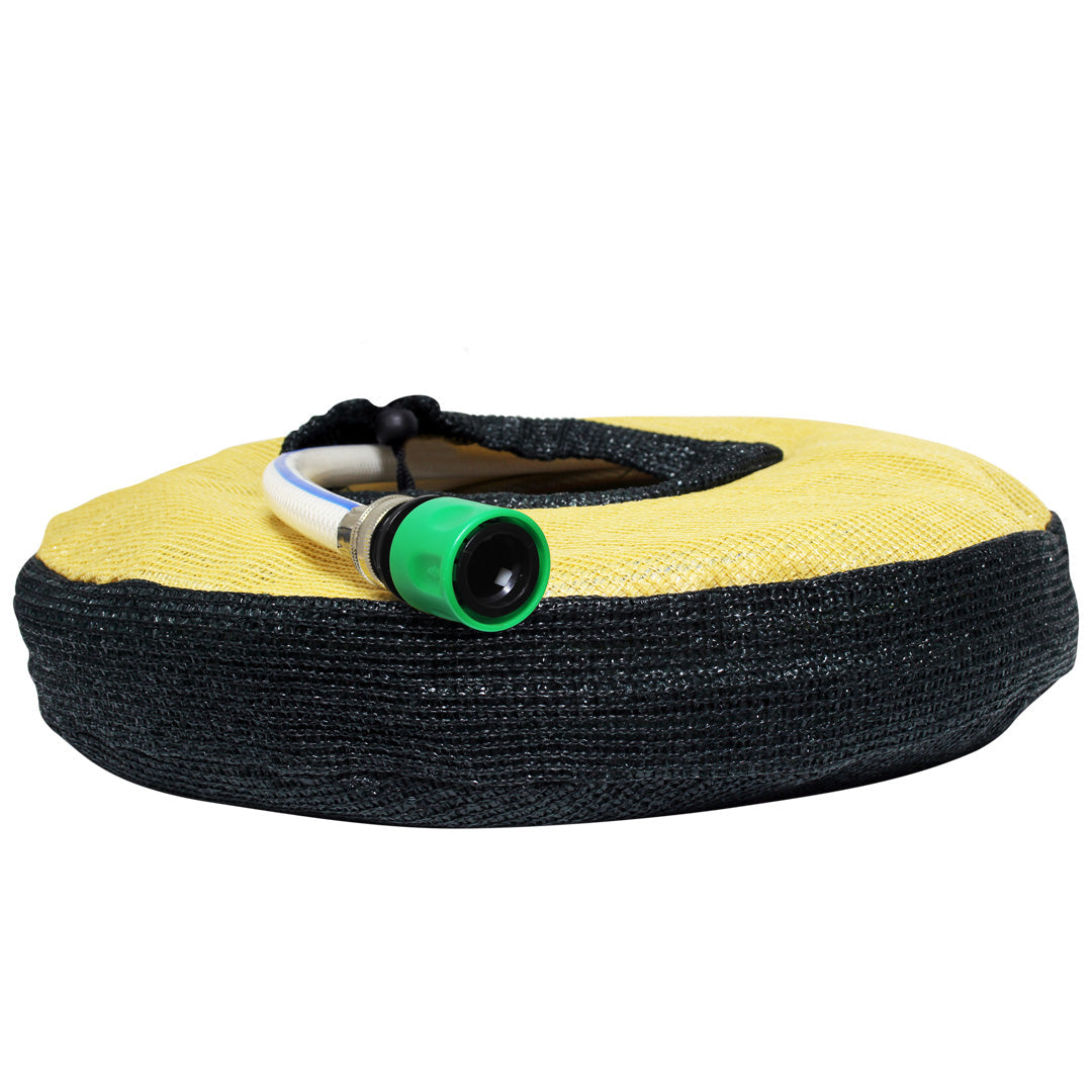 The Explore Water & Waste Hose Storage Bag - Large from Explore features a green nozzle, black outer texture, and yellow middle section. Its durable mesh construction guarantees long-lasting use, while the compact roll design allows for space-saving hose storage.