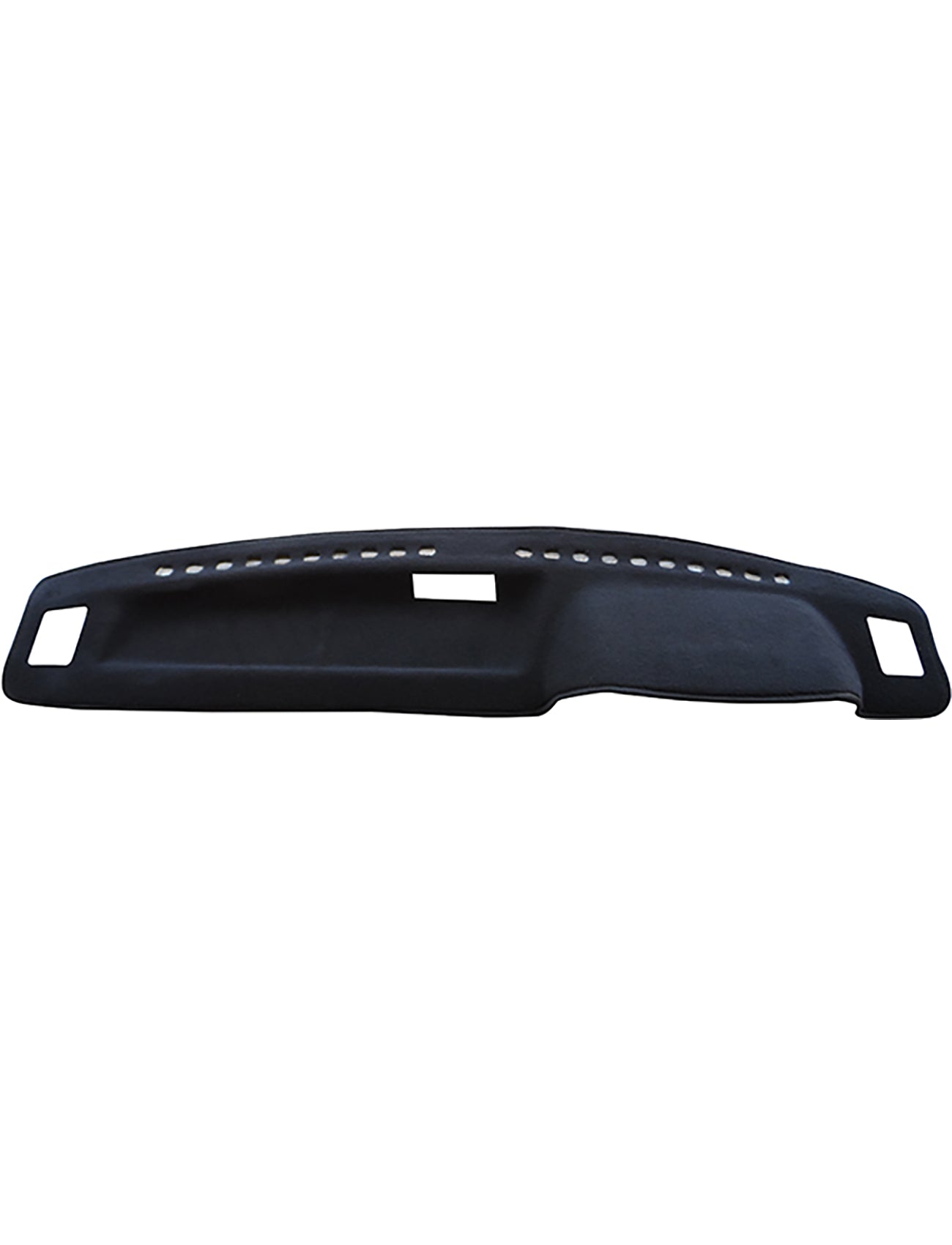 The Sunland-Protection Dash Mat Black Suits Ford Meteor GC 10/1985-11/1989 All L, GL & Ghia Sedan Models - F1201 is a sleek dashboard cover in black, designed with a smooth texture and strategically positioned cutouts for vents and essential components. Featuring an Air Bag Safe design, it fits snugly over your dashboard with precise rectangular openings on the sides to ensure seamless integration.