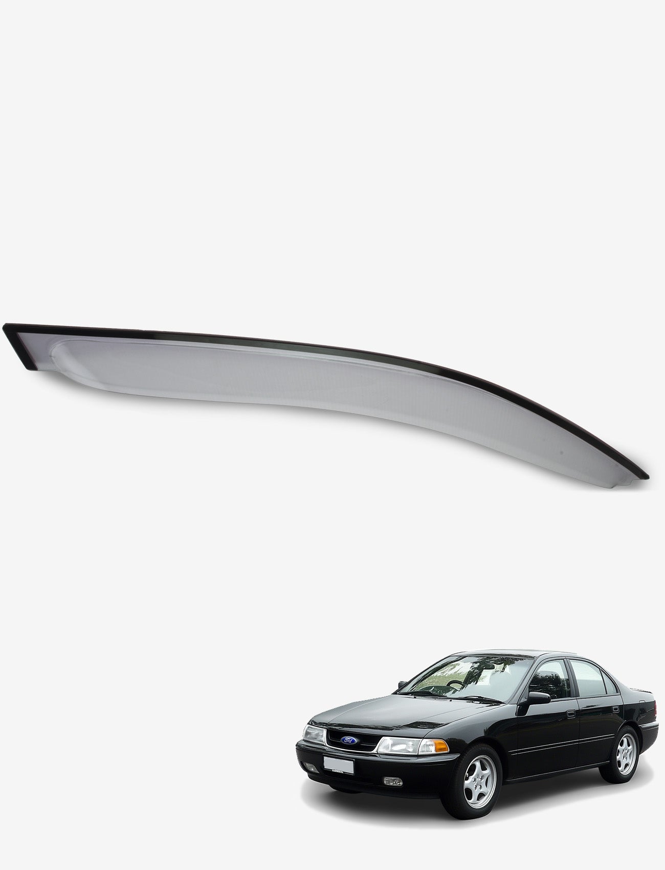 A black car is showcased with a Sunland Protective Plastics Weathershield Slimline Light Tint deflector installed above it. The UV stable acrylic deflector, specific to Ford Falcon models AU BA BF from 09/1998 to 04/2008, is separately displayed in the upper part of the image against a white background.