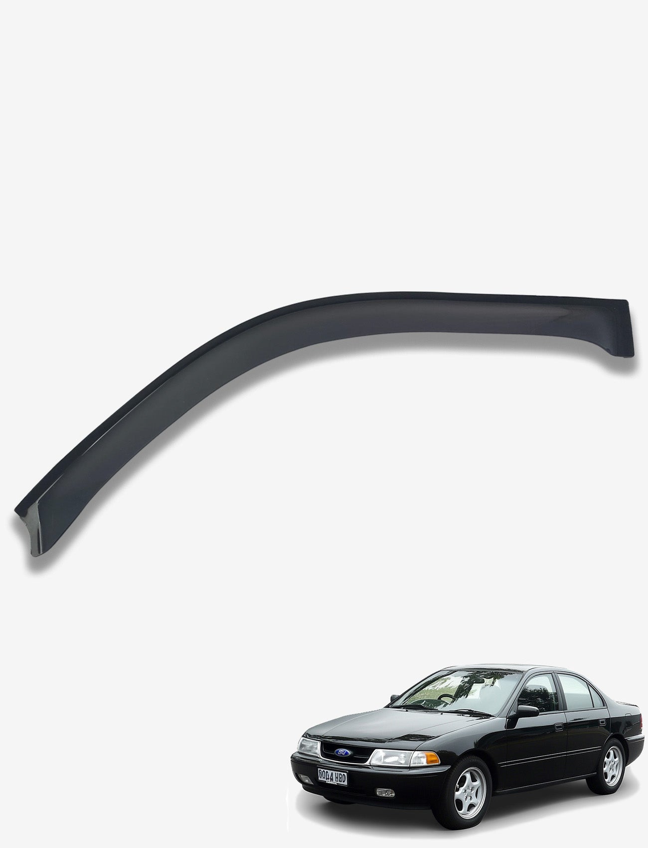 An image shows Sunland Protective Plastics Weathershield Slimline Passenger (F300SLPT) custom-moulded for Ford Falcon AU BA BF 09/1998-04/2008, above a sleek black sedan on a gray surface. The weathershields are curved, UV stable acrylic, designed for window installation.