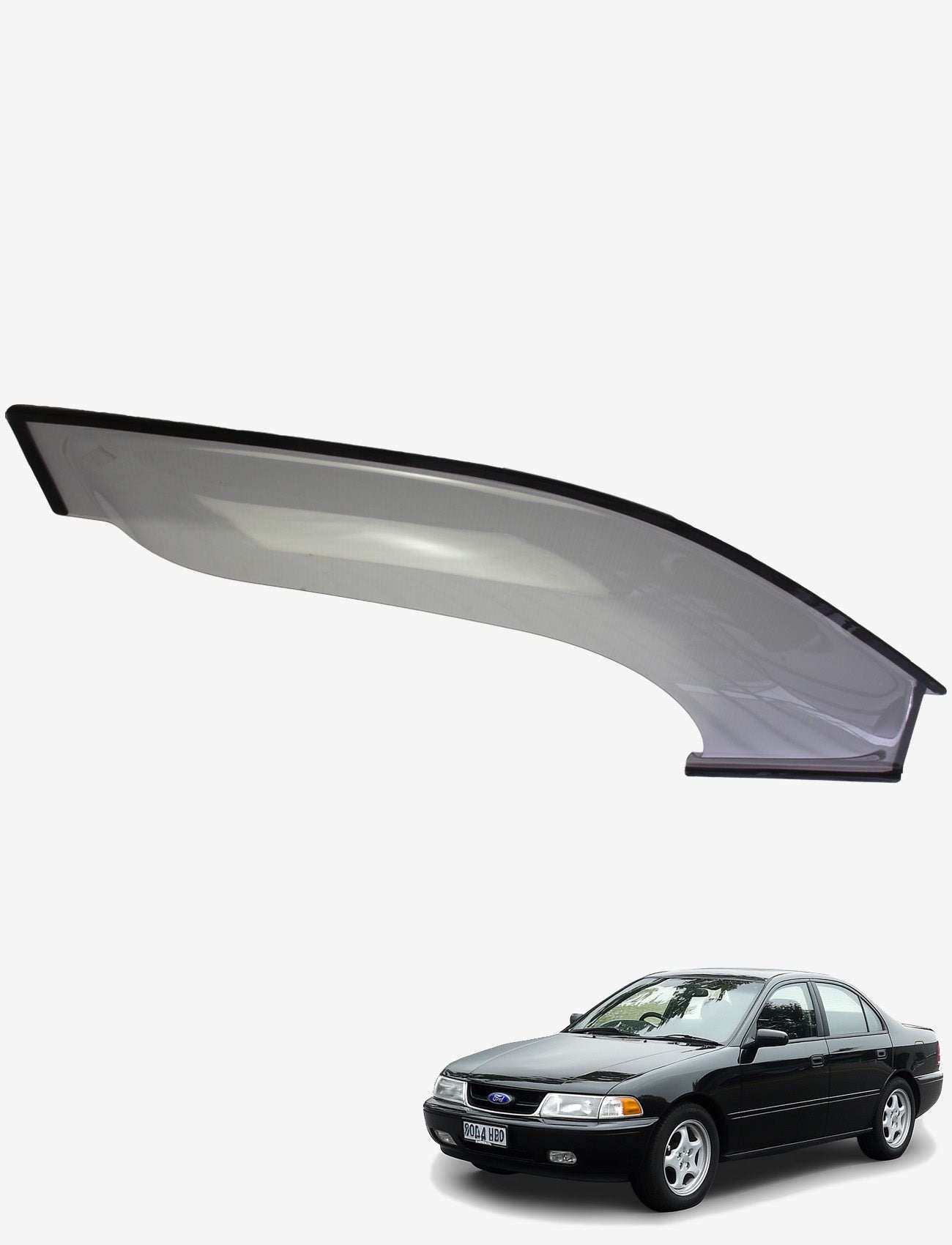 A Sunland Protective Plastics Weathershield Fullsize Light Tint, Model F300WD, designed for the Ford Falcon AU BA BF (1998-2008), is displayed above a black sedan with silver trim and a sunroof. Made from UV stable acrylic, this car accessory enhances the vehicle's sleek appearance as it rests on a white surface with its front facing forward.