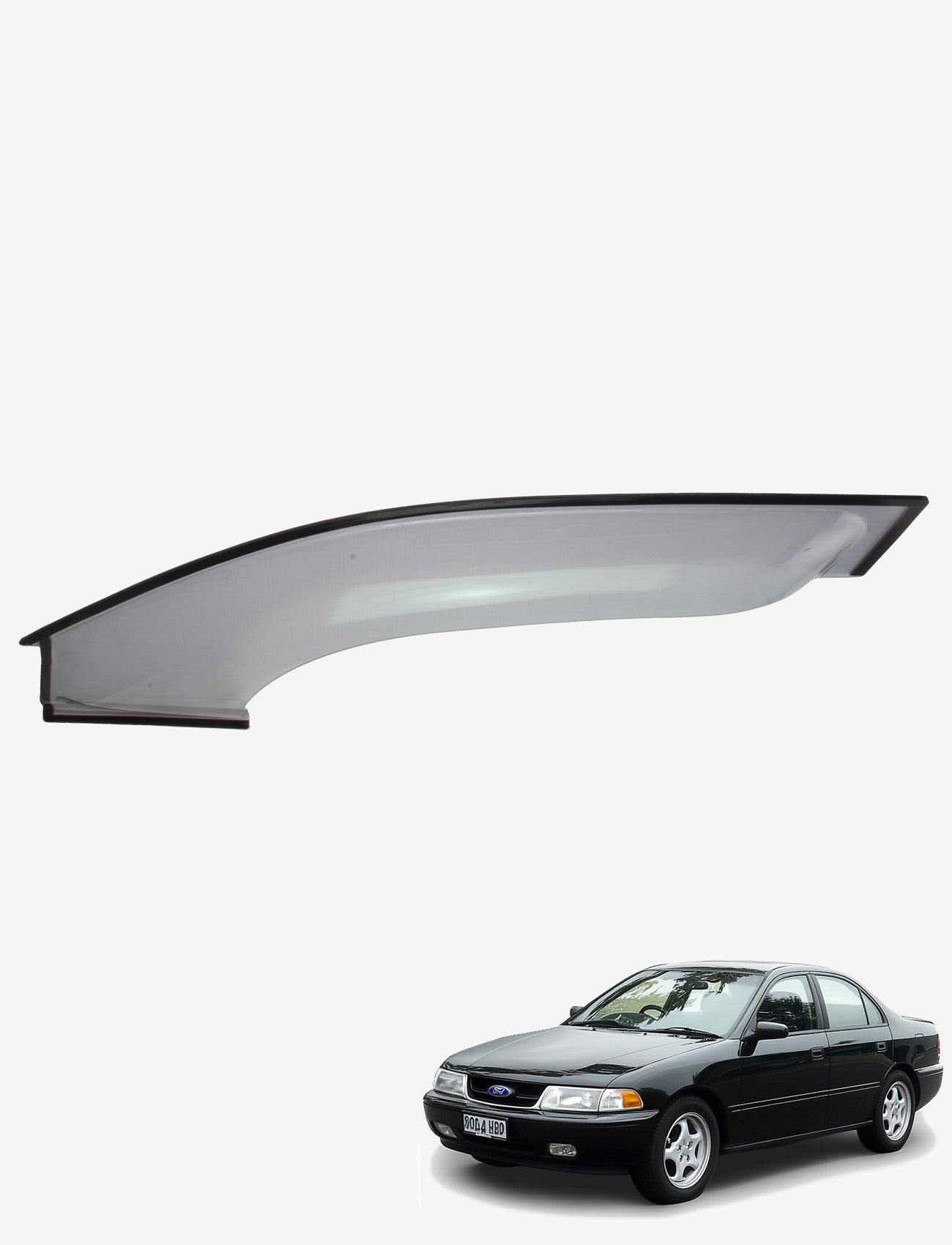 Image of a black sedan car featuring Sunland Protective Plastics' Weathershield Fullsize Light Tint. The main focus is on this aftermarket accessory, crafted from UV stable acrylic, hovering above the vehicle as if intended for installation, all set against a plain white background.