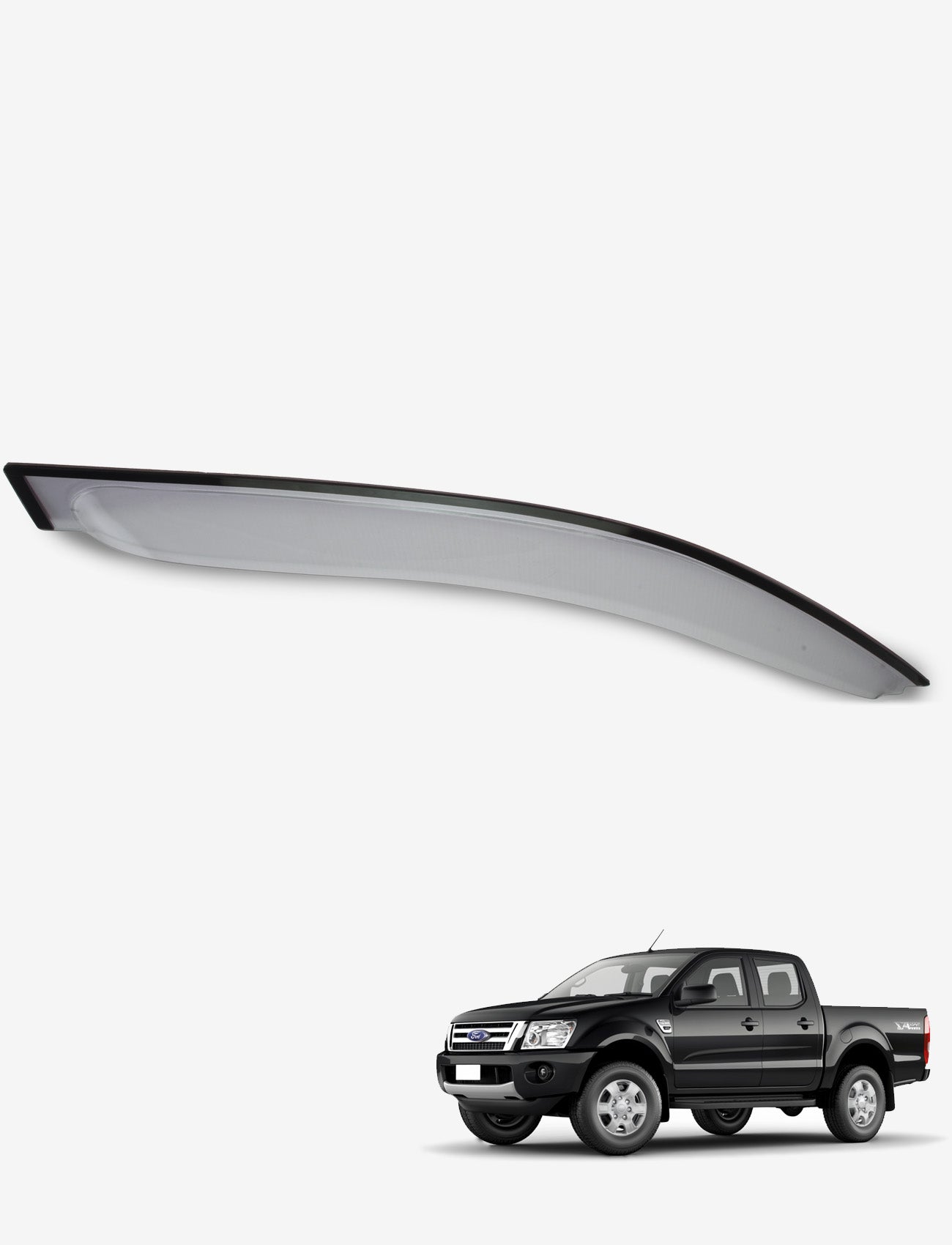 Displayed above a black pickup truck is the Sunland Protective Plastics Weathershield Slimline Light Tint, Driver, designed for the Ford Ranger PXI & PXII Double Cab (including Everest UA) from 09/2011 to 07/2022. The truck is parked against a plain white background, highlighting this accessory for vehicle customization.